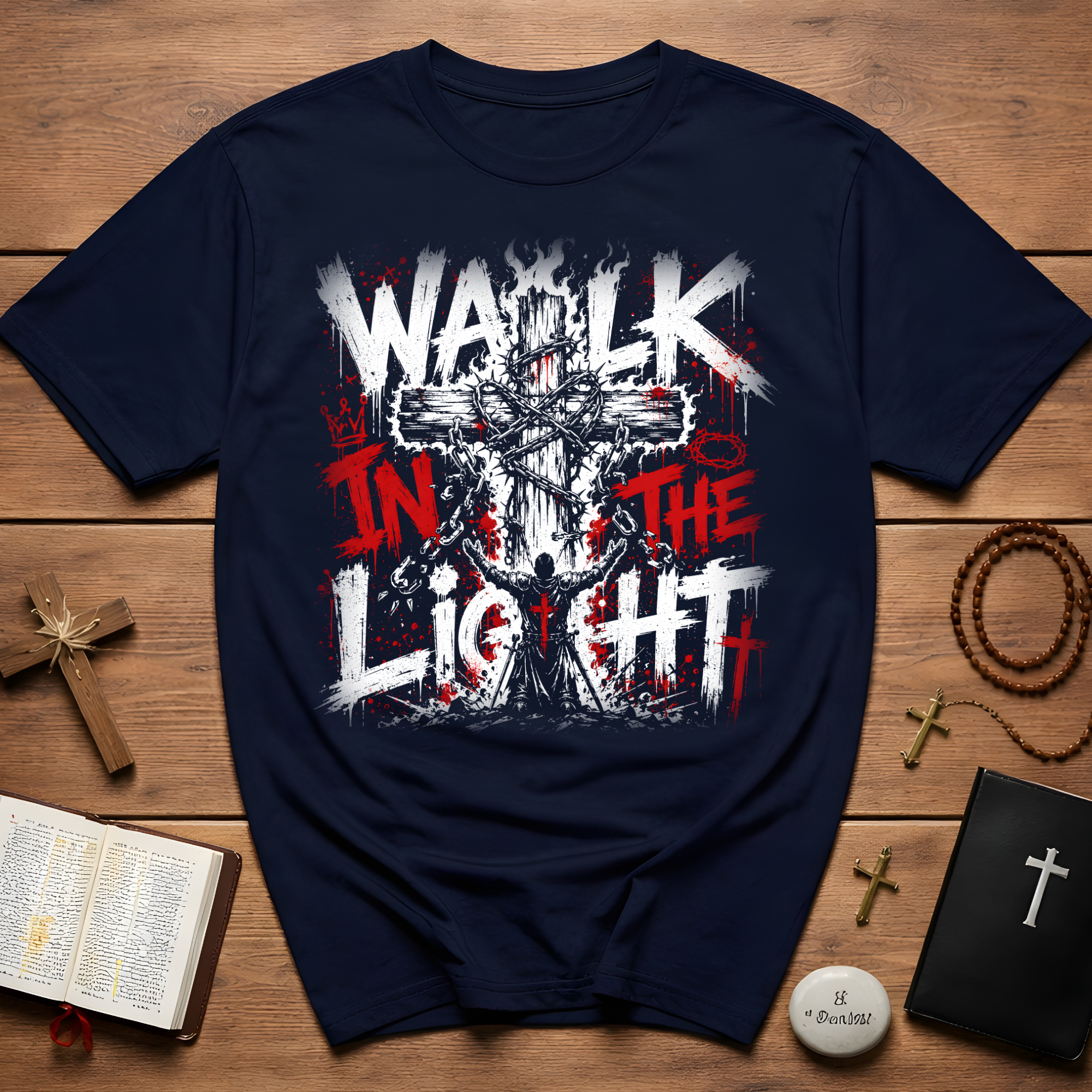 Walk In The Light Christian Cross Art Jesus Faith Spiritual Warfare Scripture Inspired T-Shirt