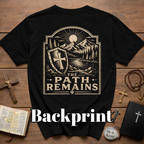 The Path Remains Christian Shield Cross Mountain Lake Sunrise Hiking Faith Landscape T-Shirt
