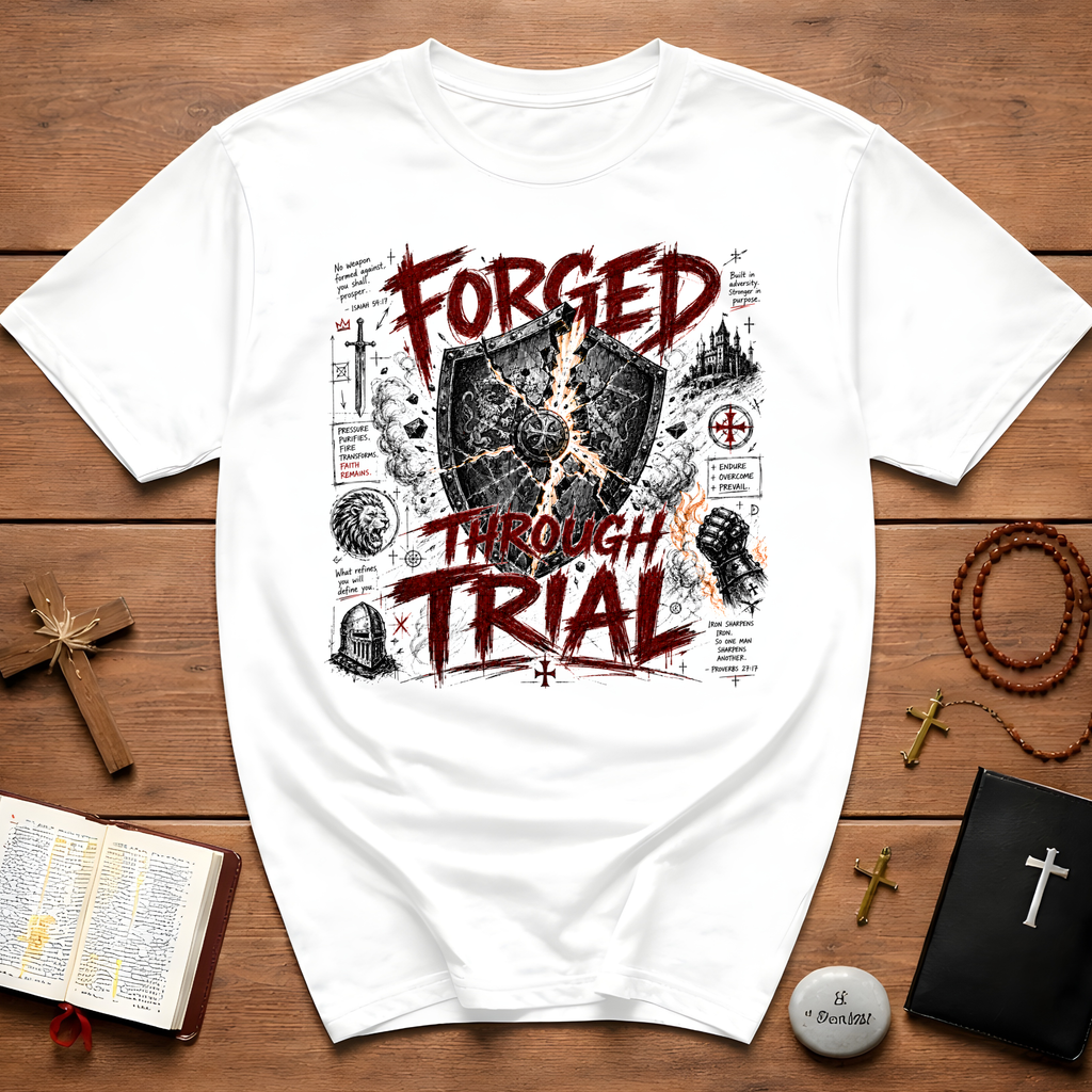 Forged Through Trial Christian Warrior Shield Iron Sharpens Iron Bible Verse Faith T-Shirt