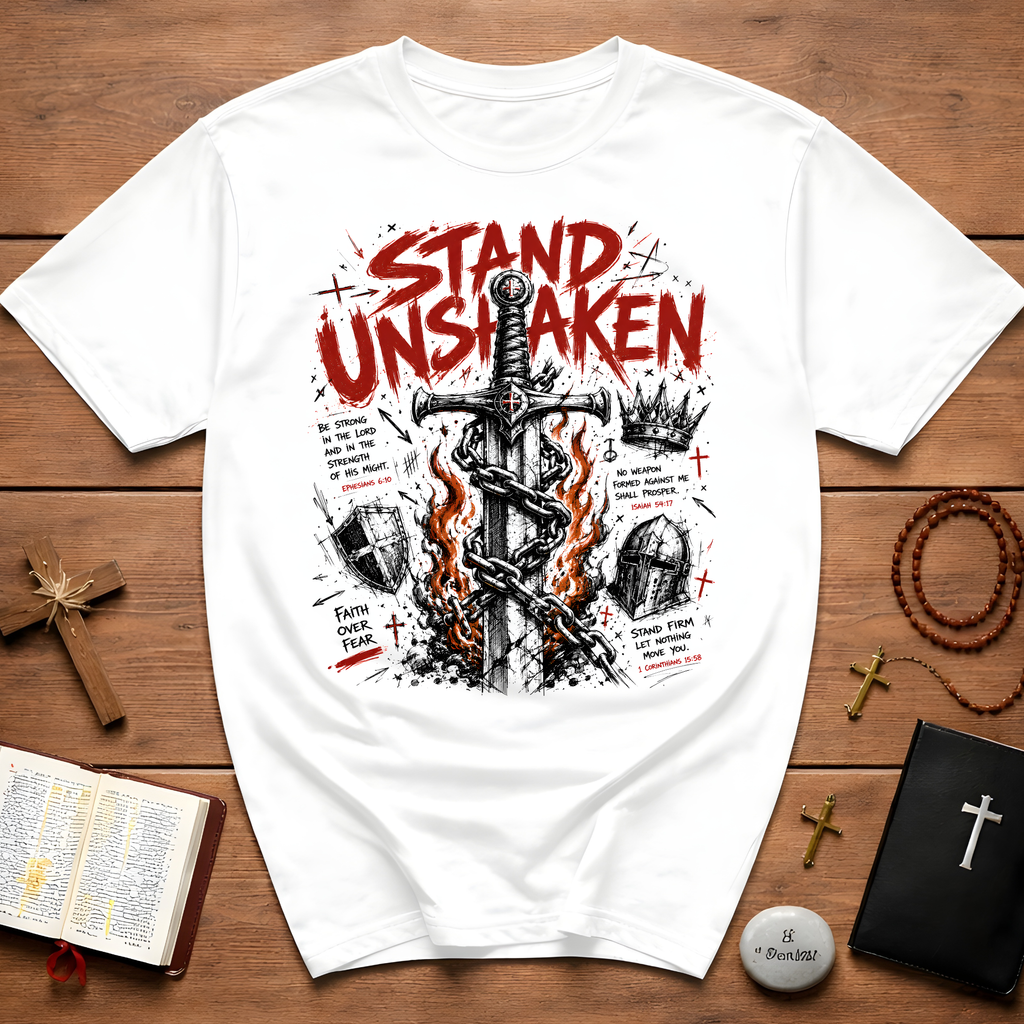 Stand Unshaken Christian Warrior Sword Cross Armor Faith Over Fear Bible Verse Ephesians 6 Isaiah 54 T-Shirt