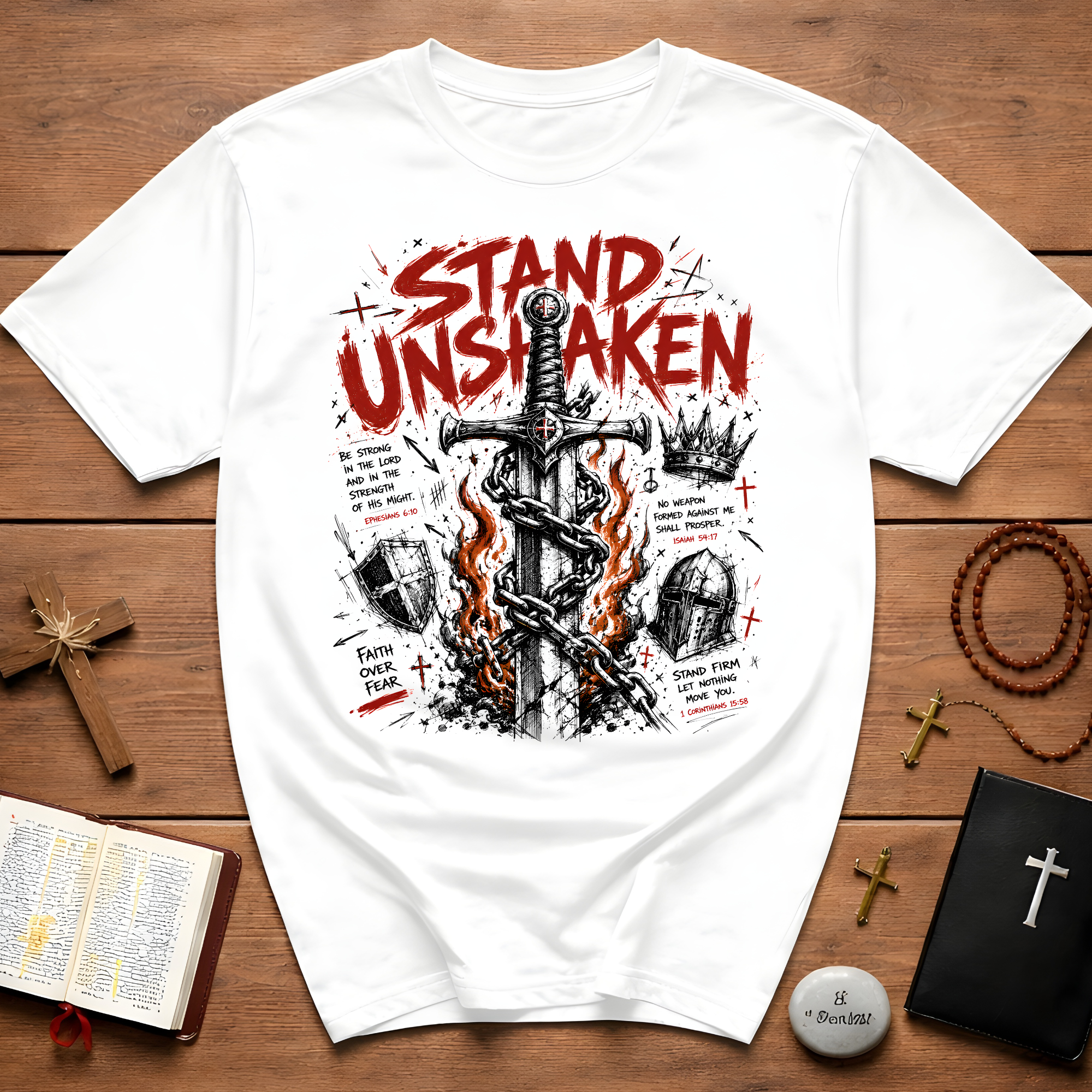 Stand Unshaken Christian Warrior Sword Cross Armor Faith Over Fear Bible Verse Ephesians 6 Isaiah 54 T-Shirt