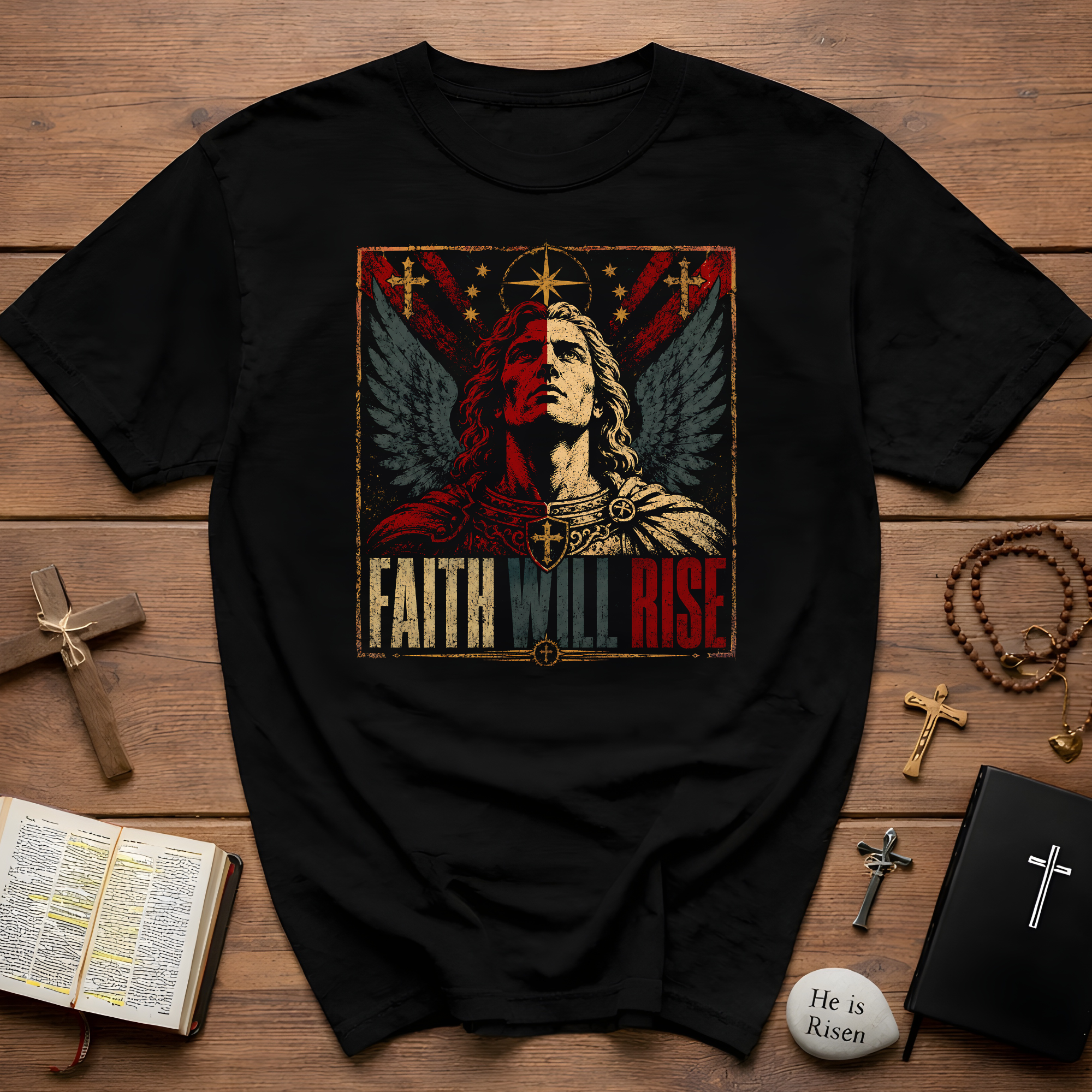Faith Will Rise Christian Angel Warrior With Wings Cross Symbol And Spiritual Battle Power T-Shirt