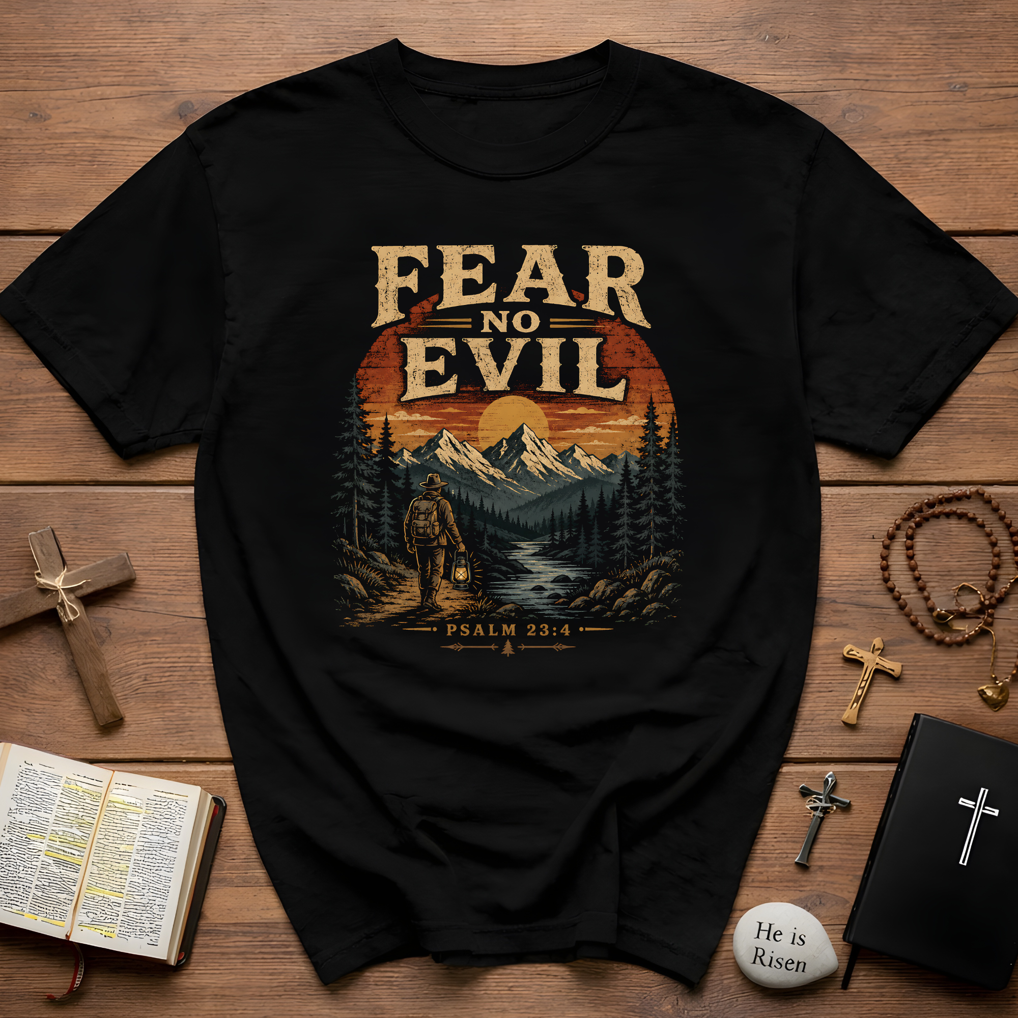 Fear No Evil Psalm 23 4 Christian Hiking Mountain Sunset Wilderness Bible Verse T-Shirt