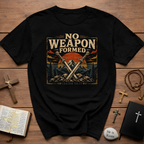 No Weapon Formed Isaiah 54 17 Christian Warrior Crossed Swords Mountain Sunset Faith T-Shirt