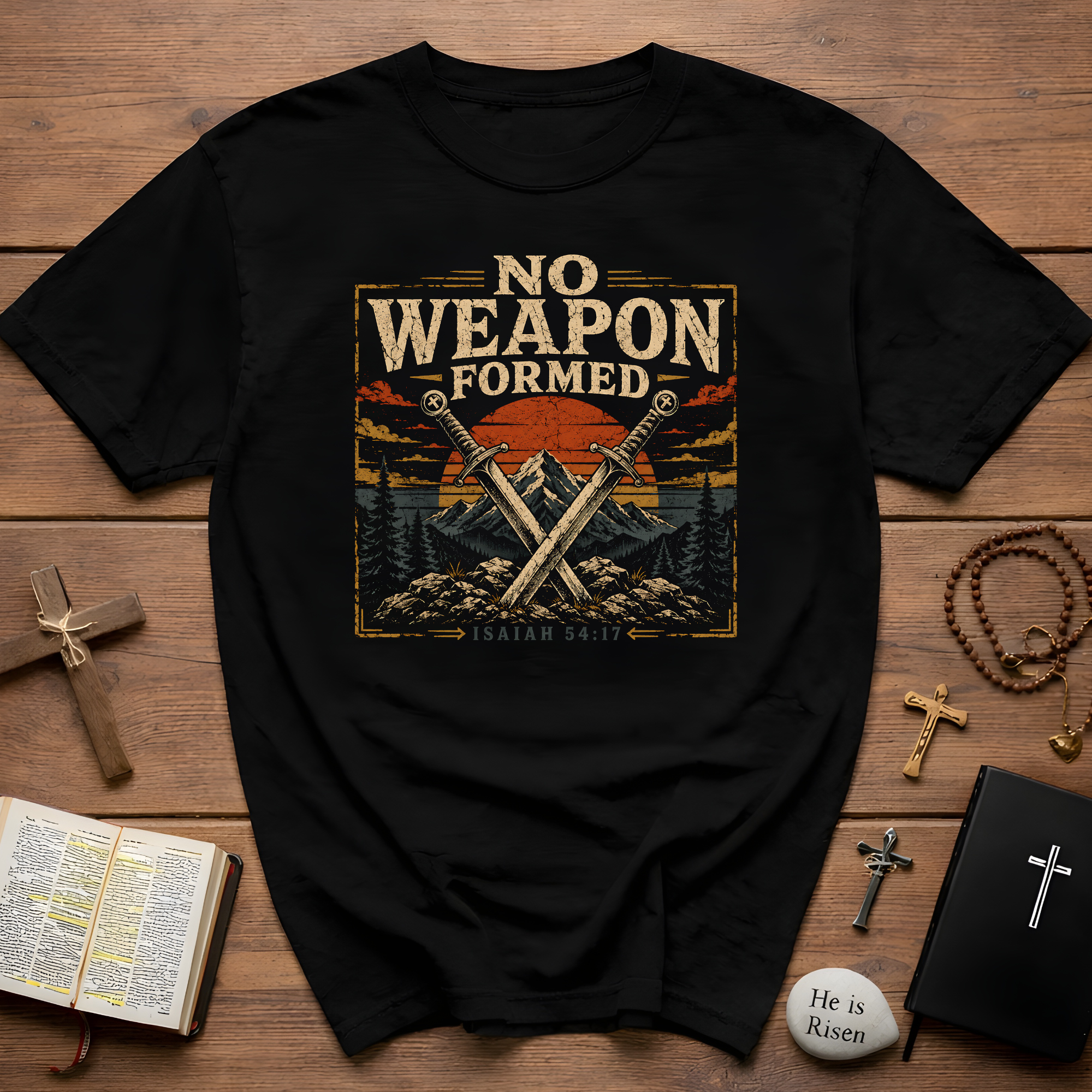No Weapon Formed Isaiah 54 17 Christian Warrior Crossed Swords Mountain Sunset Faith T-Shirt