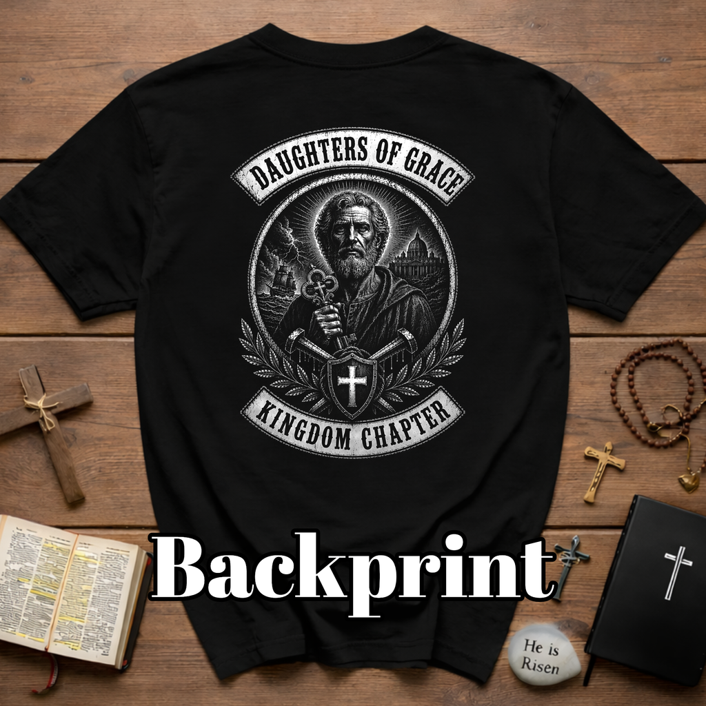 Daughters Of Grace Kingdom Chapter Christian Warrior Saint With Cross Shield Keys T-Shirt