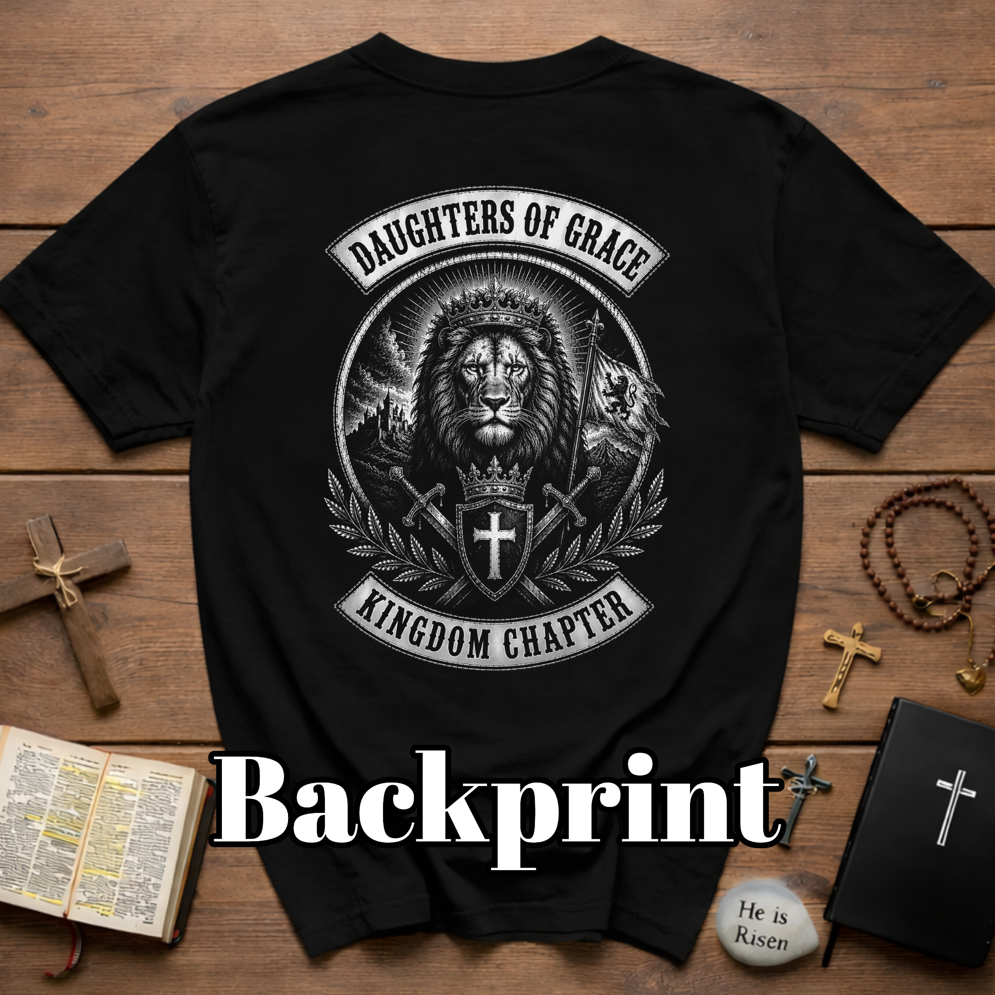 Daughters Of Grace Kingdom Chapter Lion Of Judah Christian Cross Shield And Swords Emblem T-Shirt