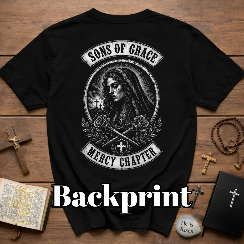 Sons Of Grace Mercy Chapter Gothic Virgin Mary Cross And Roses Catholic Biker Faith Emblem
