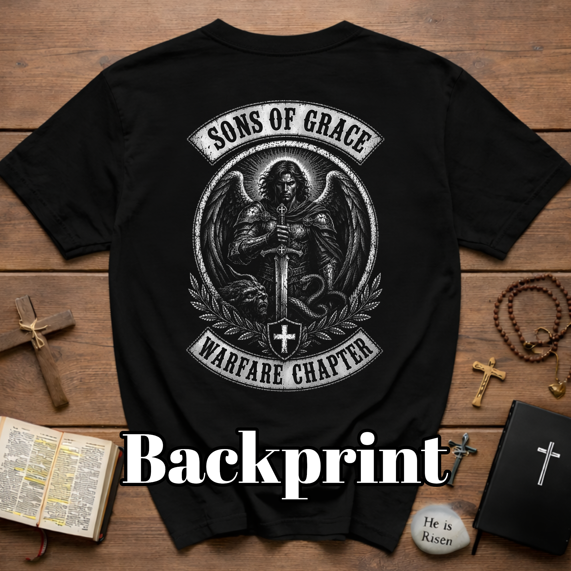Sons Of Grace Warfare Chapter Christian Warrior Angel Sword Spiritual Warfare Armor Of God Archangel Battle Emblem T-Shirt