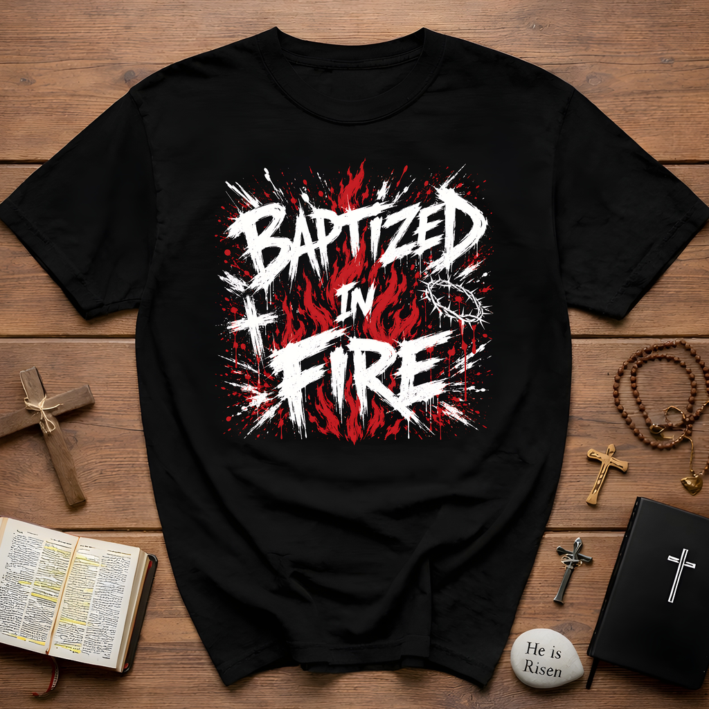 Baptized In Fire Christian Faith Revival Cross Crown Of Thorns Flame T-Shirt