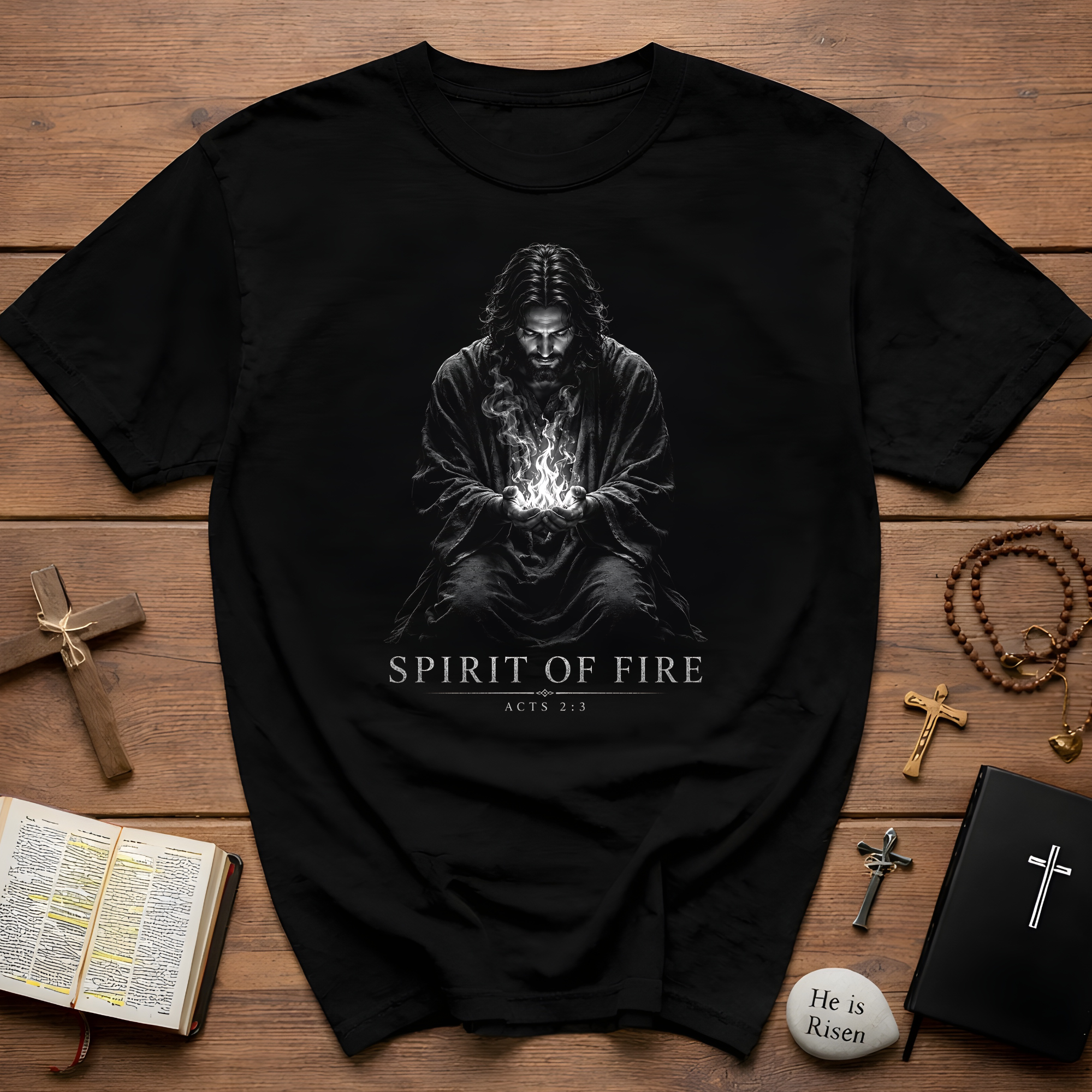 Spirit Of Fire Acts 2 3 Jesus With Holy Spirit Flame Christian Faith Artwork T-Shirt