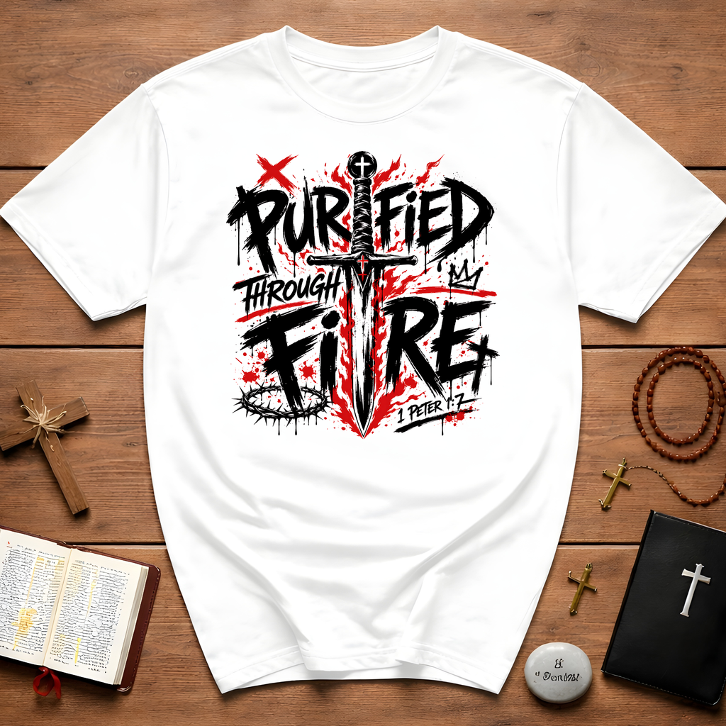 Purified Through Fire Christian Sword Cross 1 Peter 1 7 Bible Verse Faith
