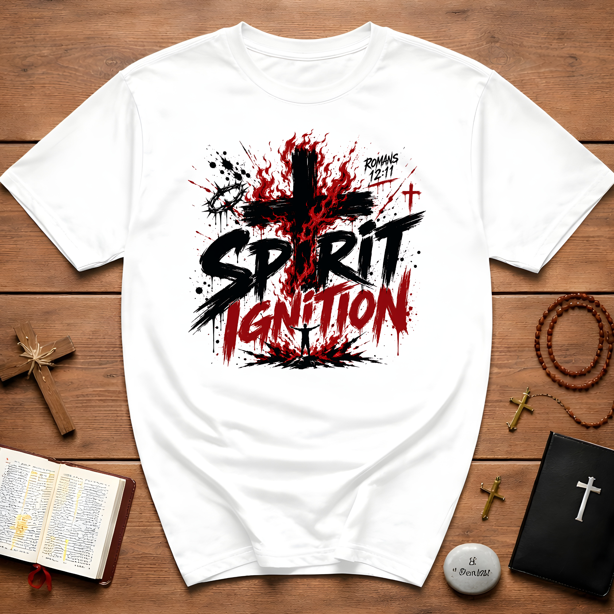 Spirit Ignition Romans 12 11 Fiery Christian Cross Worship Revival Faith T-Shirt