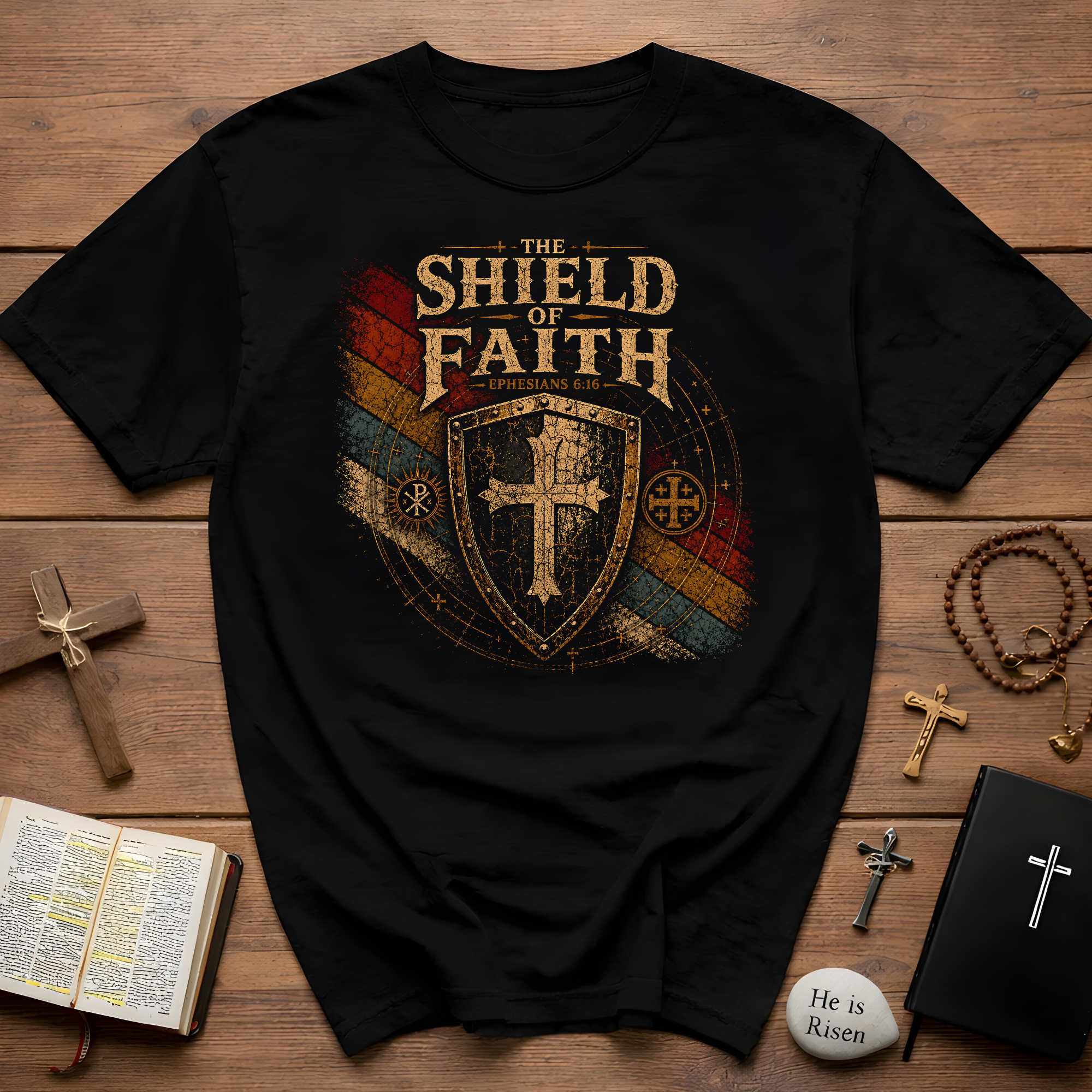 The Shield Of Faith Ephesians 6 16 Put On The Full Armor Of God Christian Warrior Cross Emblem T-Shirt