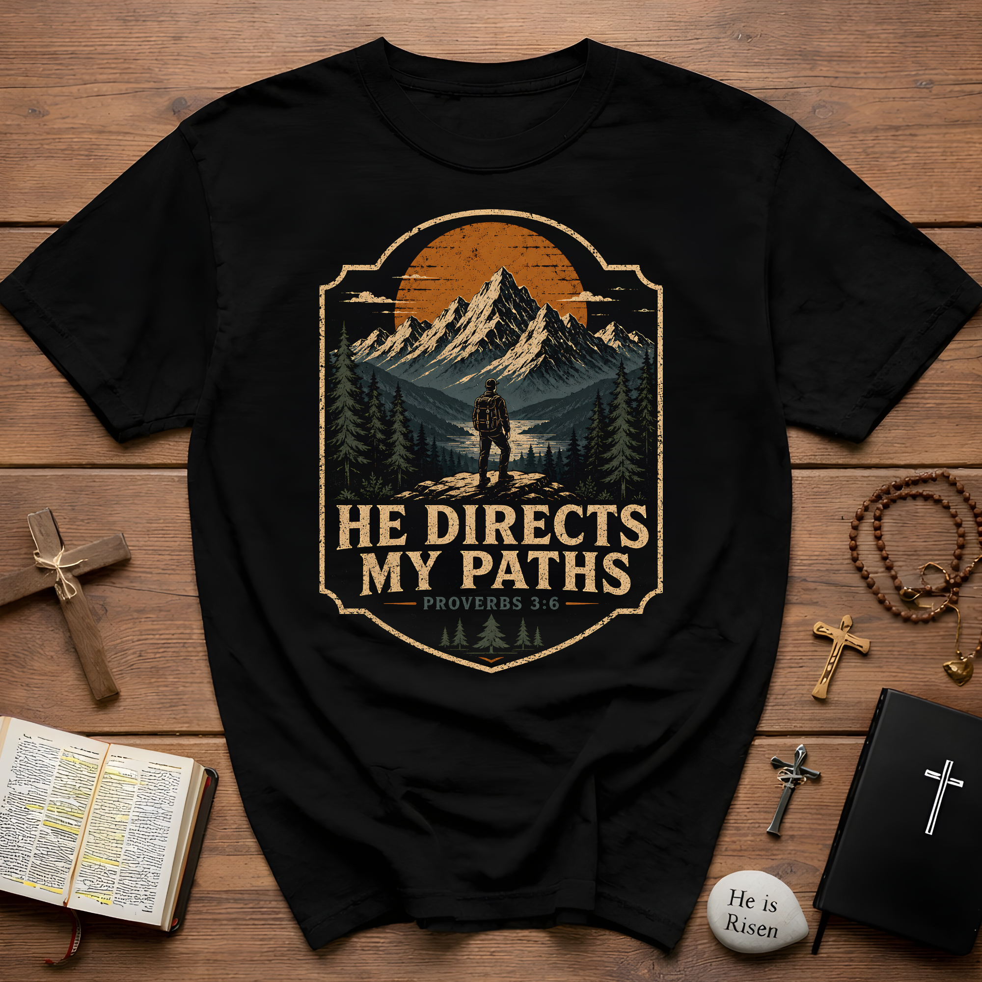 He Directs My Paths Proverbs 3 6 Christian Hiking Mountain Bible Verse Outdoor Faith Landscape T-Shirt