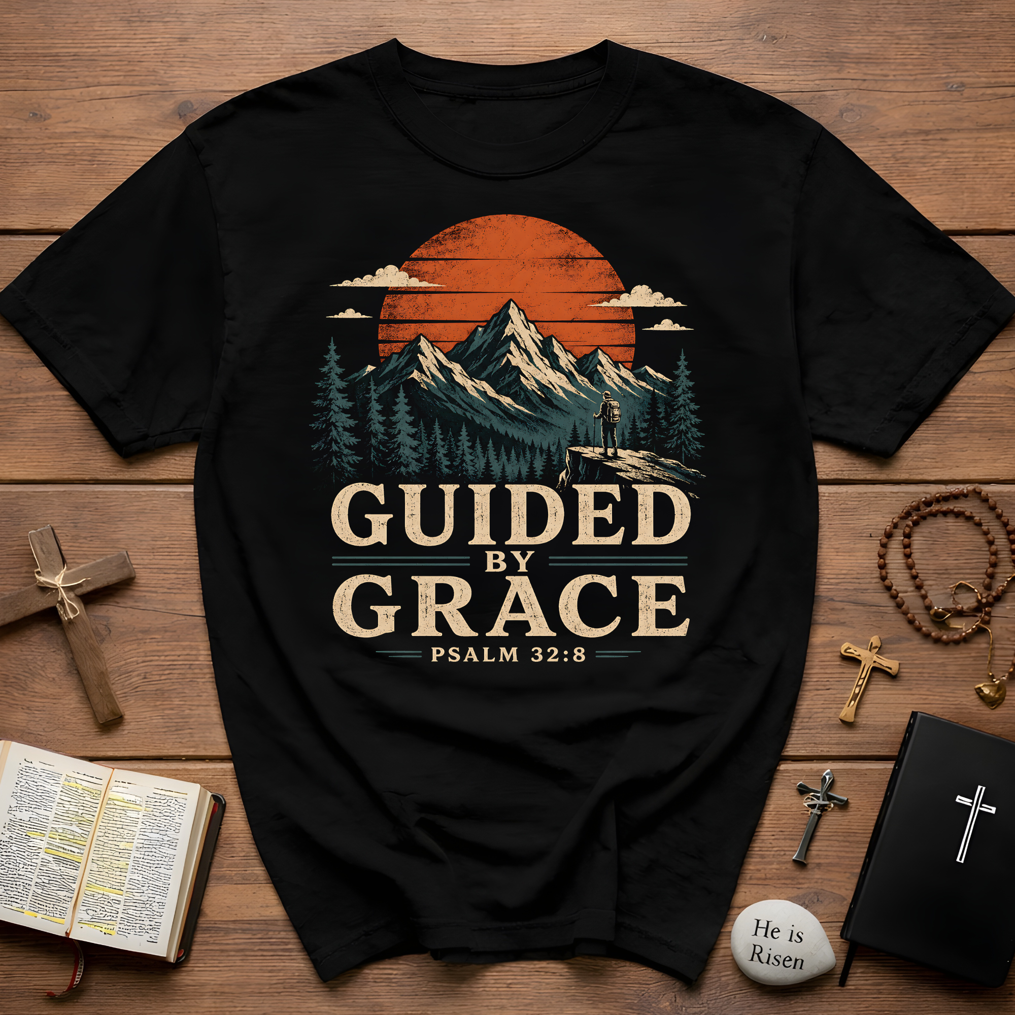 Guided By Grace Psalm 32 8 Christian Hiking Mountain Bible Verse Faith Outdoors T-Shirt