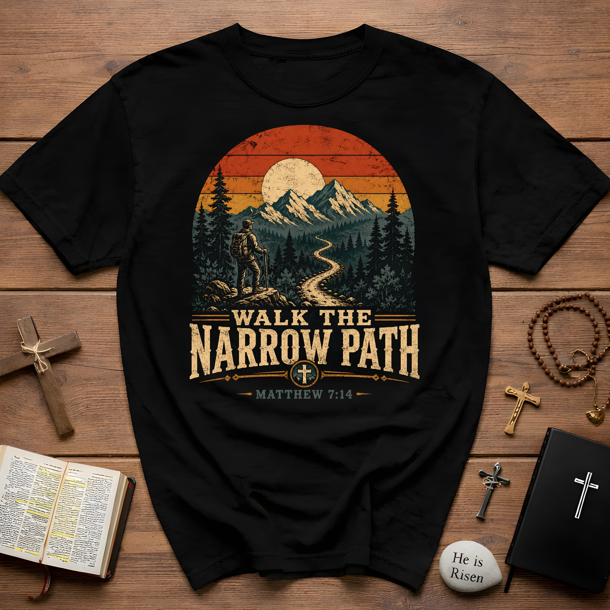 Walk The Narrow Path Matthew 714 Christian Hiking Scripture Art Mountain Trail Sunset Landscape Faith Outdoors T-Shirt