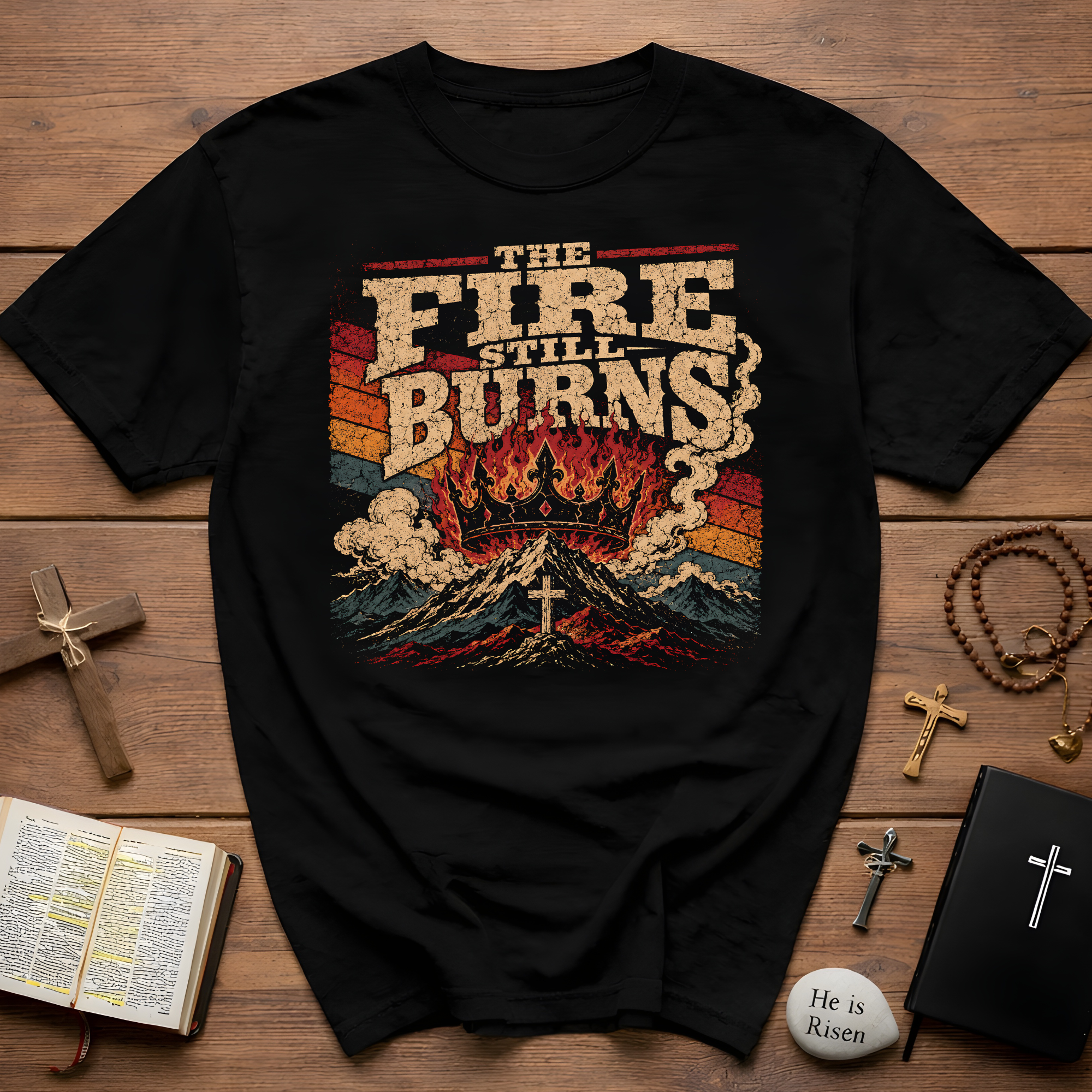 The Fire Still Burns Christian Revival Cross Crown Retro Vintage Faith Jesus T-Shirt