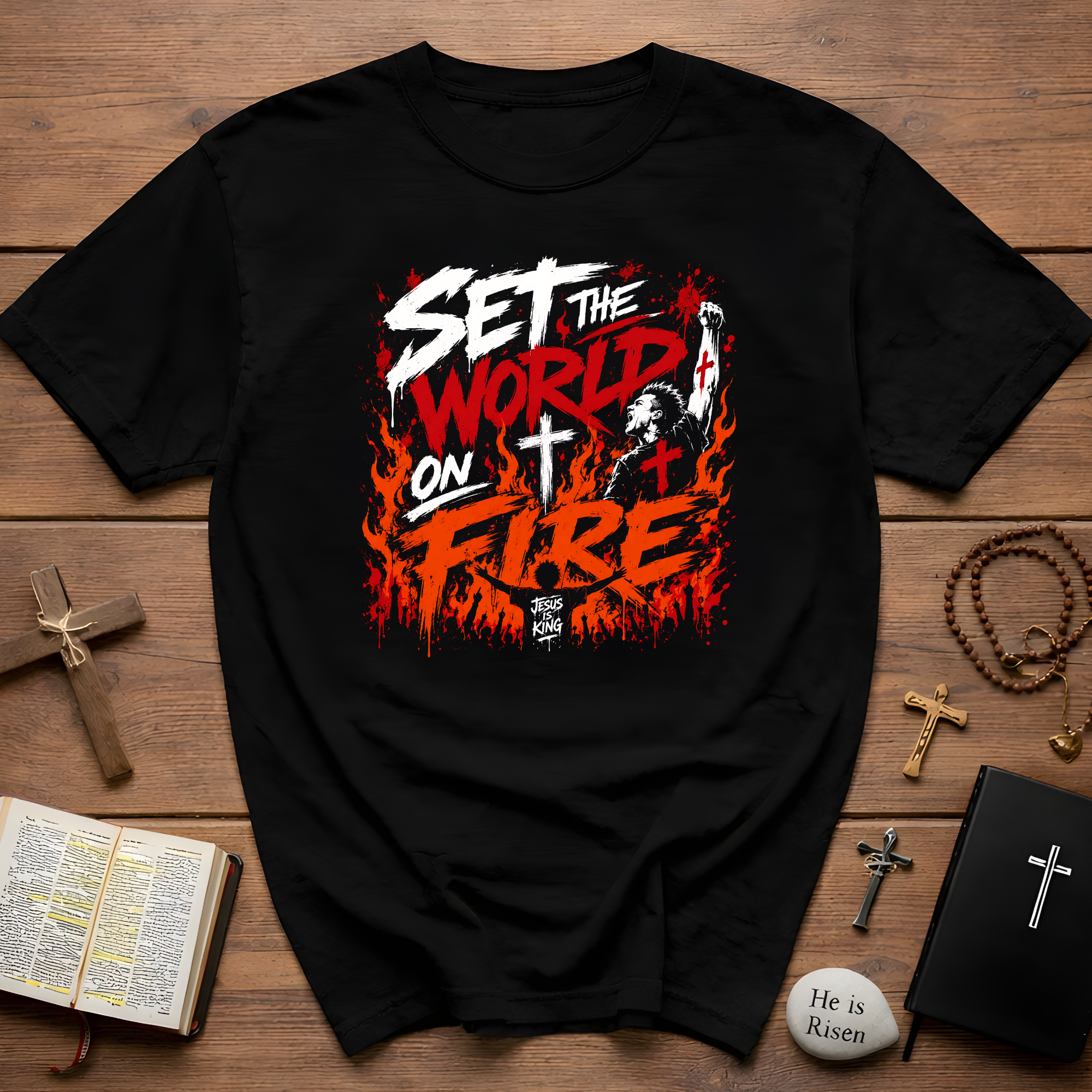 Set The World On Fire Jesus Is King Christian Revival Youth Ministry Evangelism Art T-Shirt