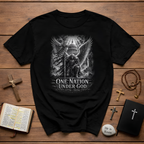 Nation Under God 1776 2026 Christian American Patriot Kneeling At Cross With USA Flag T-Shirt