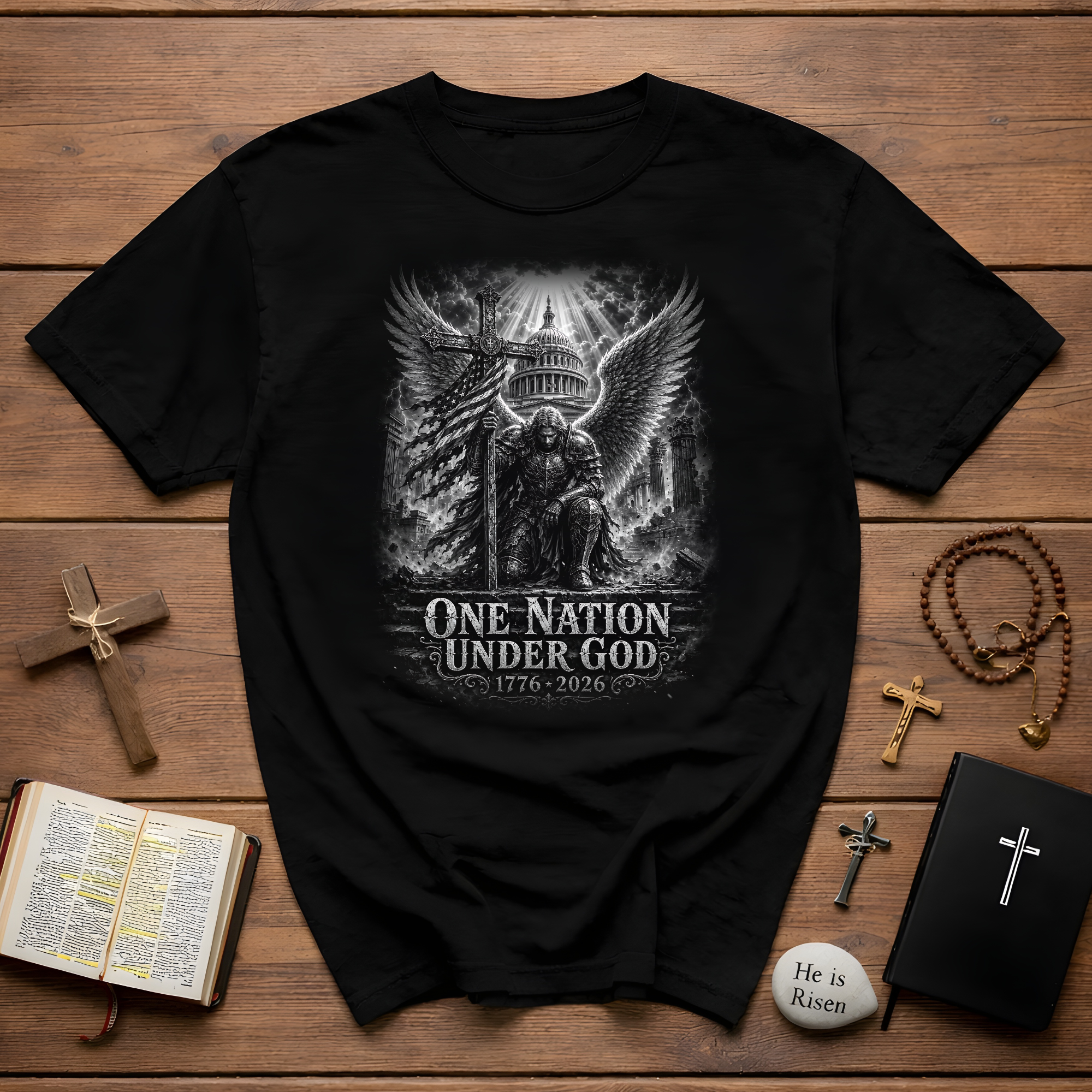 Nation Under God 1776 2026 Christian American Patriot Kneeling At Cross With USA Flag T-Shirt