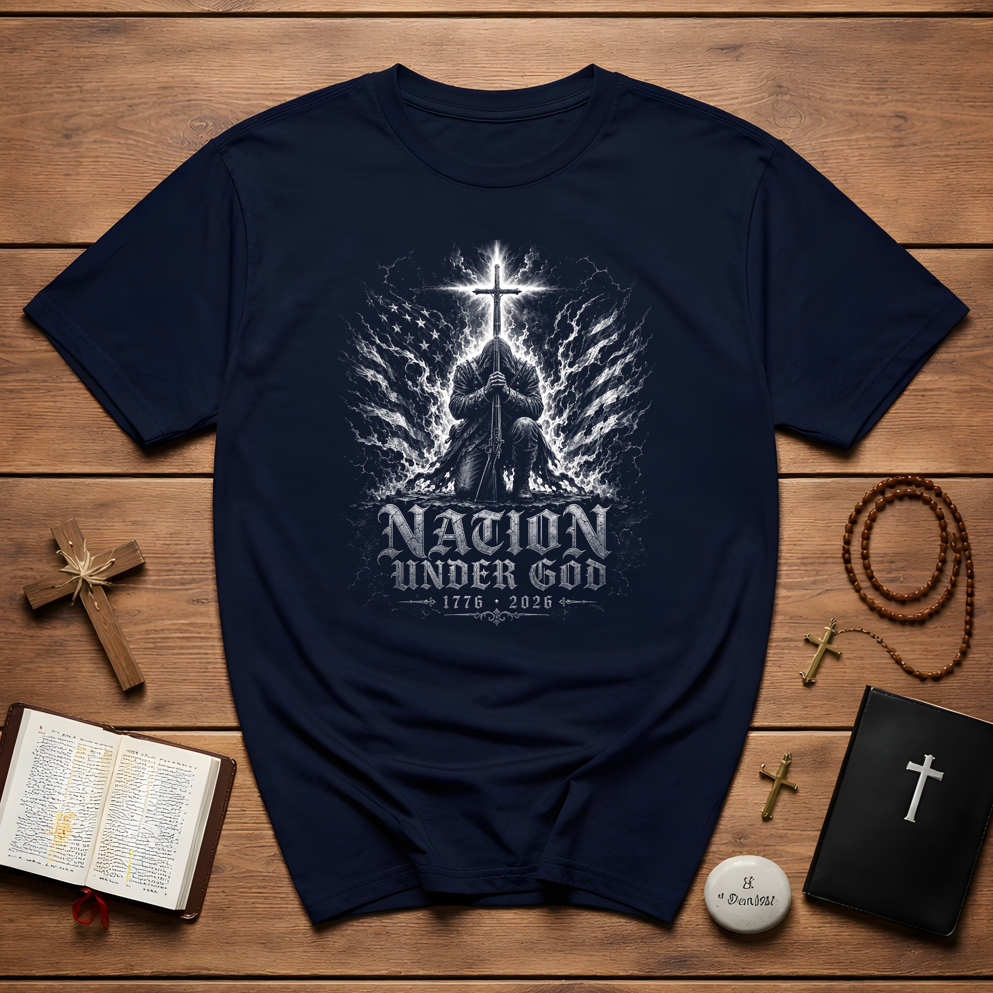 Nation Under God 1776 2026 Christian American Patriot Kneeling At Cross With USA Flag T-Shirt