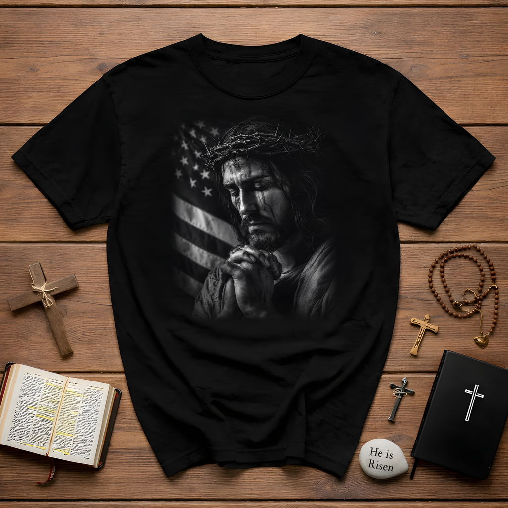 Jesus Praying For America Christian Patriotic Prayer With Crown Of Thorns And American Flag T-Shirt