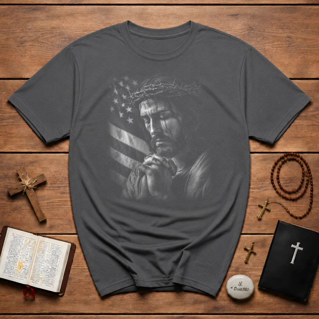 Jesus Praying For America Christian Patriotic Prayer With Crown Of Thorns And American Flag T-Shirt