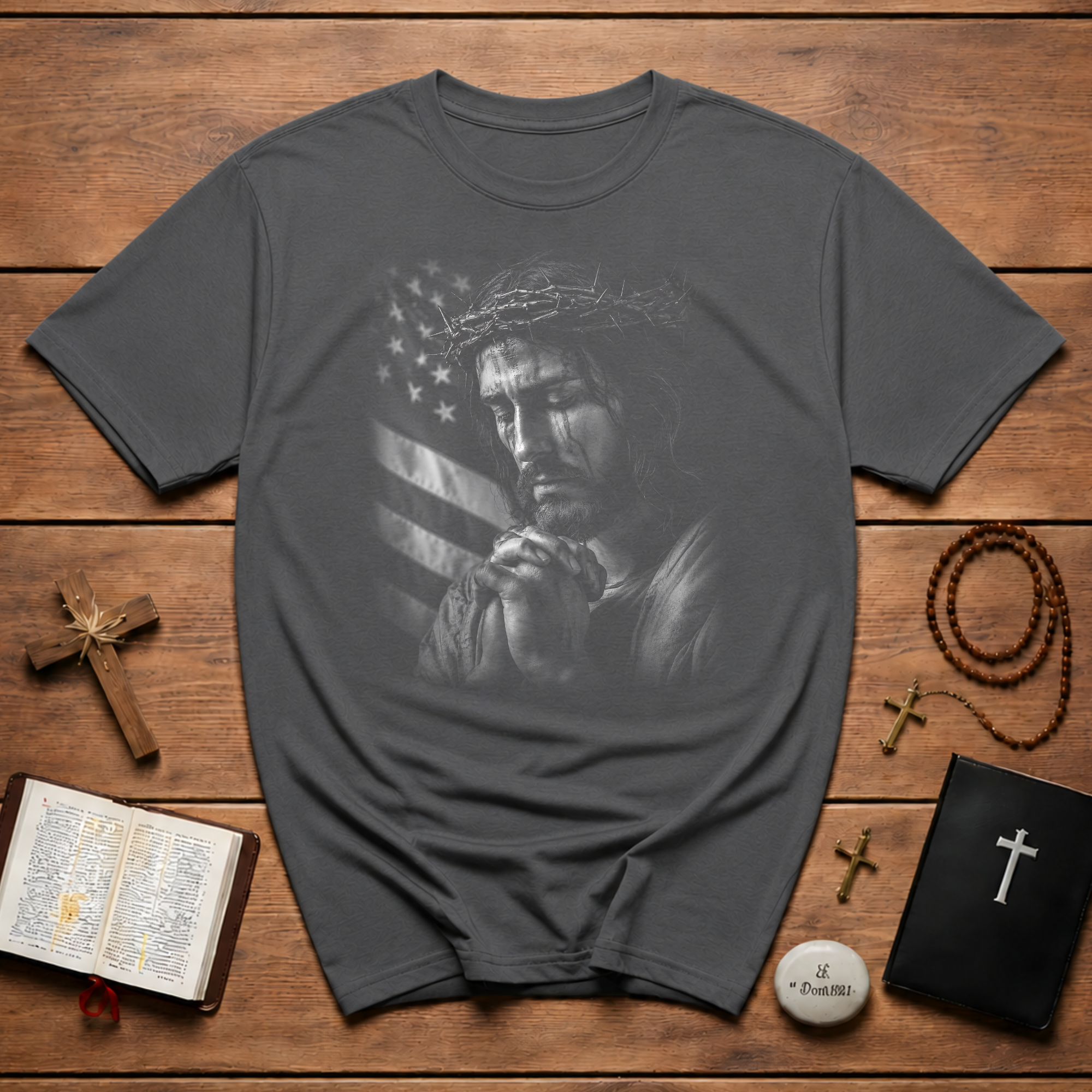 Jesus Praying For America Christian Patriotic Prayer With Crown Of Thorns And American Flag T-Shirt