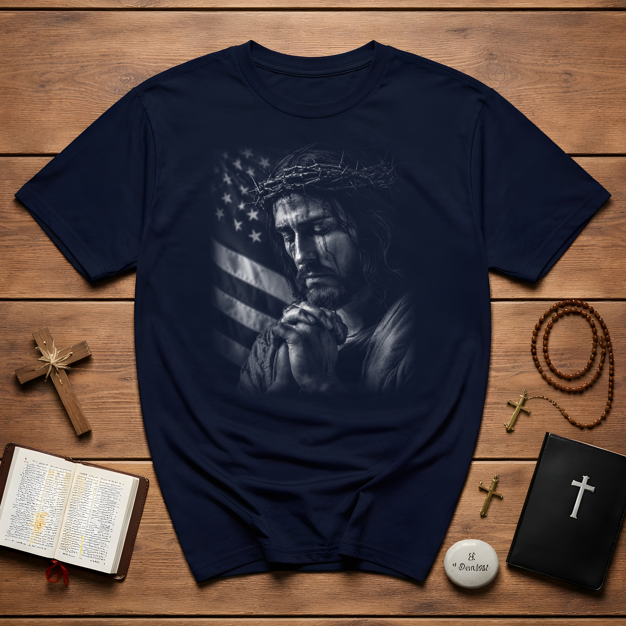 Jesus Praying For America Christian Patriotic Prayer With Crown Of Thorns And American Flag T-Shirt