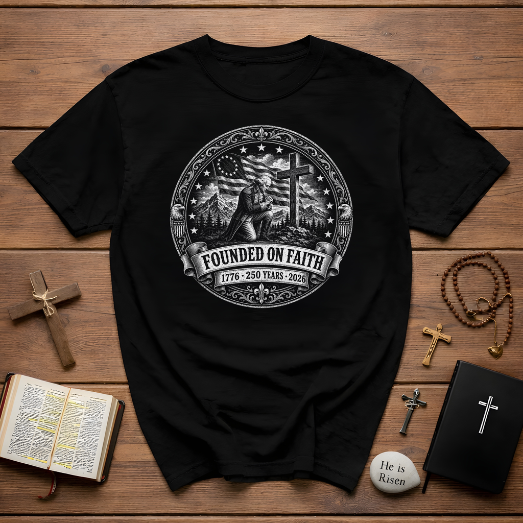 Founded On Faith 1776 250 Years 2026 Christian American Patriot Prayer Cross USA Flag