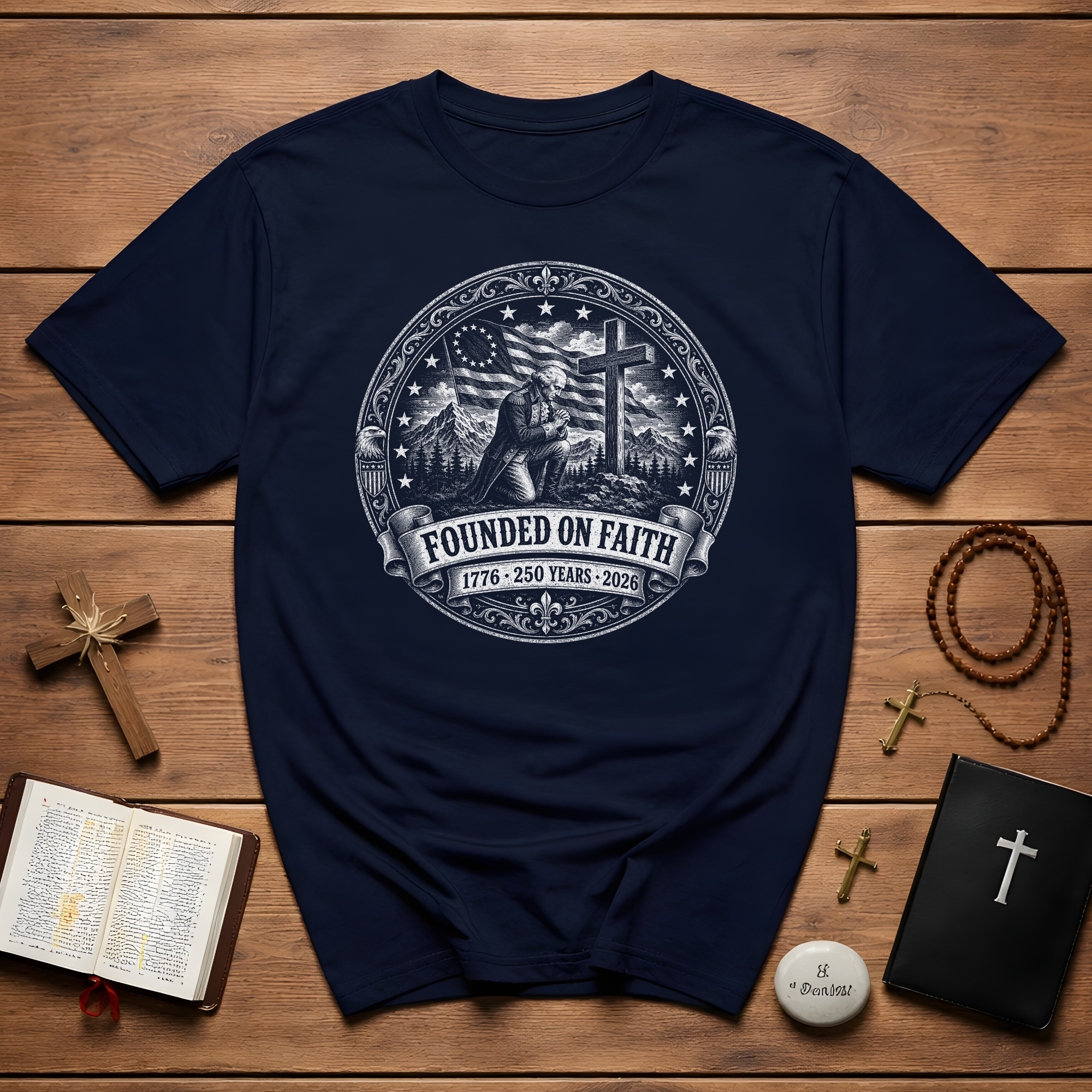Founded On Faith 1776 250 Years 2026 Christian American Patriot Prayer Cross USA Flag