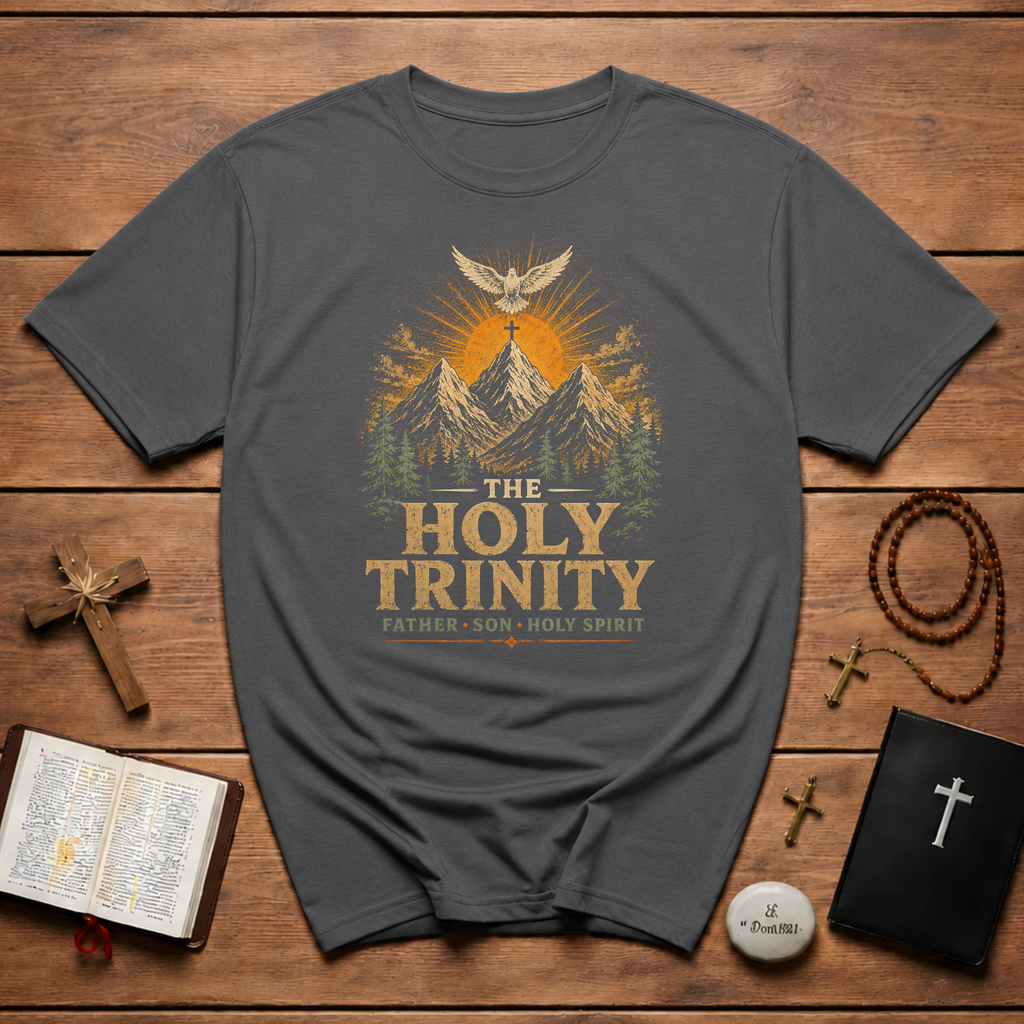 The Holy Trinity Father Son Holy Spirit Christian Mountain Cross Dove Sunrise T-Shirt