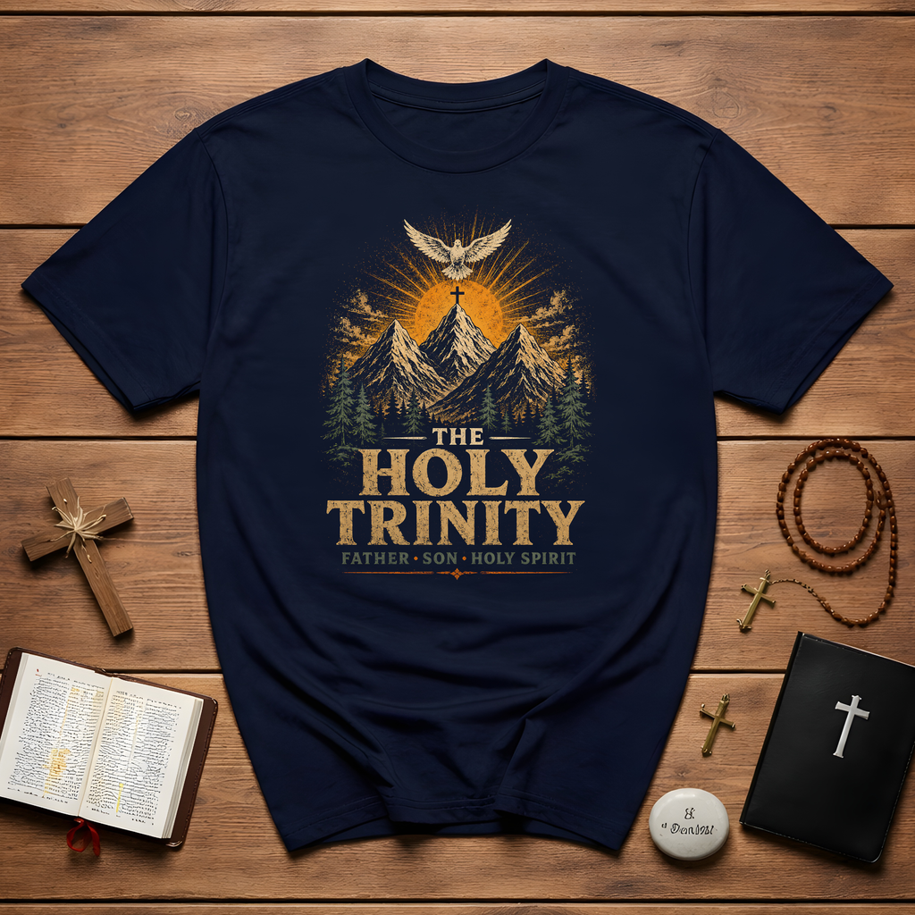 The Holy Trinity Father Son Holy Spirit Christian Mountain Cross Dove Sunrise T-Shirt
