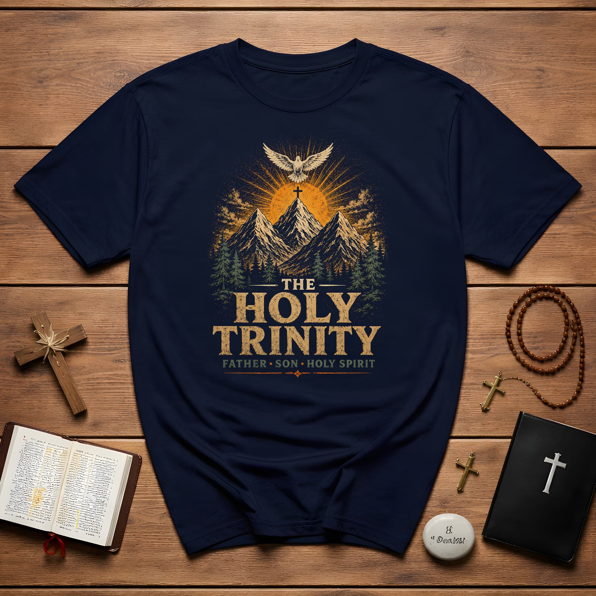 The Holy Trinity Father Son Holy Spirit Christian Mountain Cross Dove Sunrise T-Shirt