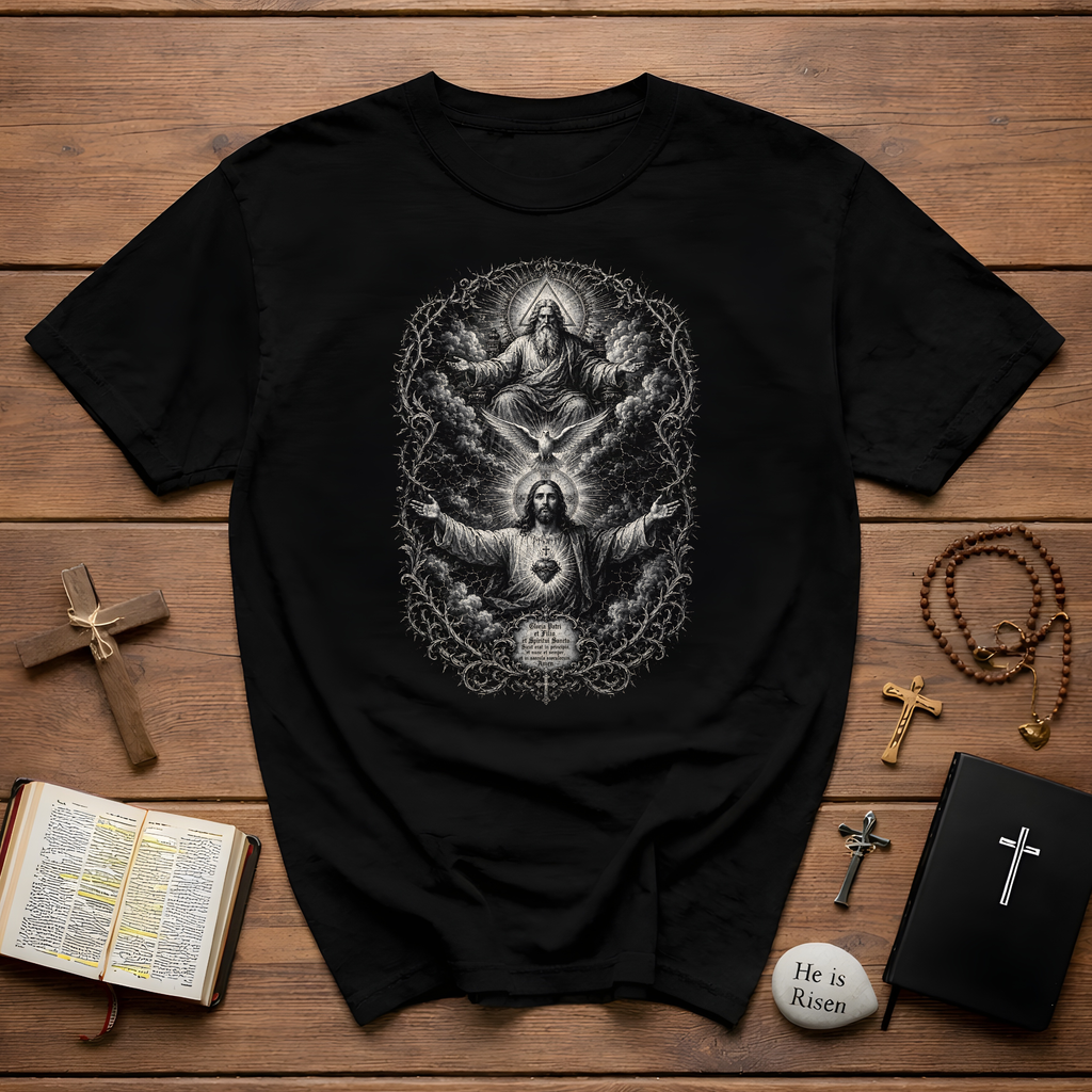 Sacred Heart Of Jesus Holy Trinity Catholic Christian Sacred Art Devotional Religious Faith Symbolism T-Shirt