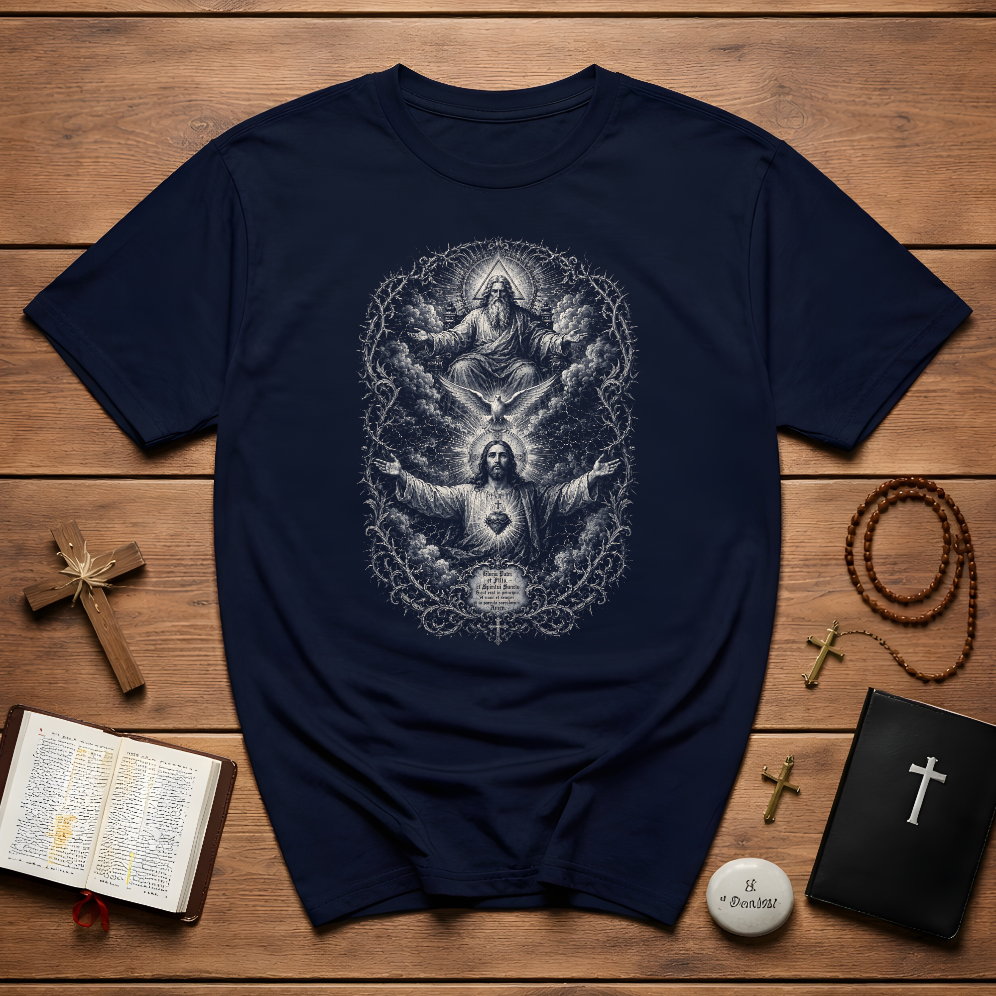 Sacred Heart Of Jesus Holy Trinity Catholic Christian Sacred Art Devotional Religious Faith Symbolism T-Shirt