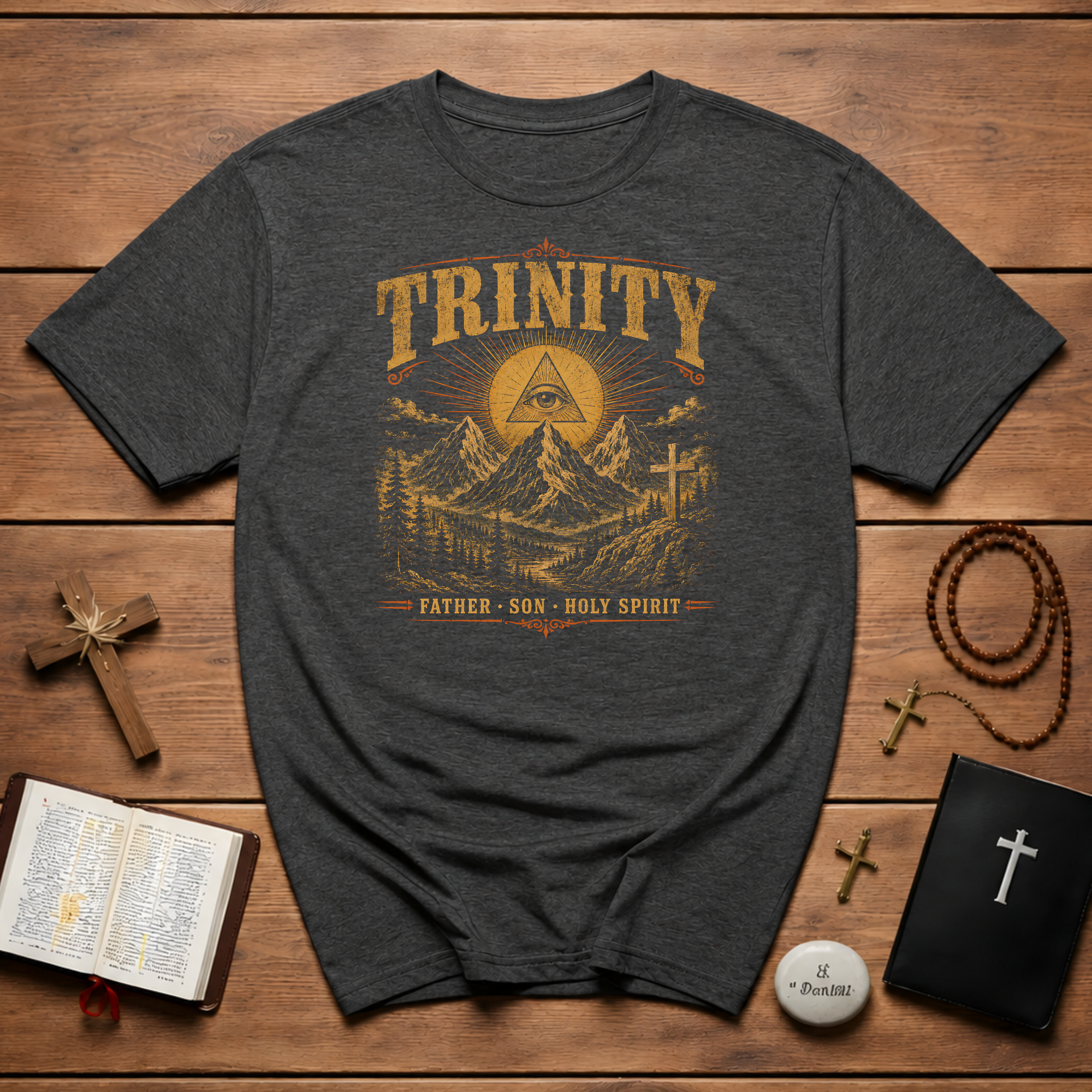 Trinity Father Son Holy Spirit All Seeing Eye Cross And Mountain Christian Faith T-Shirt
