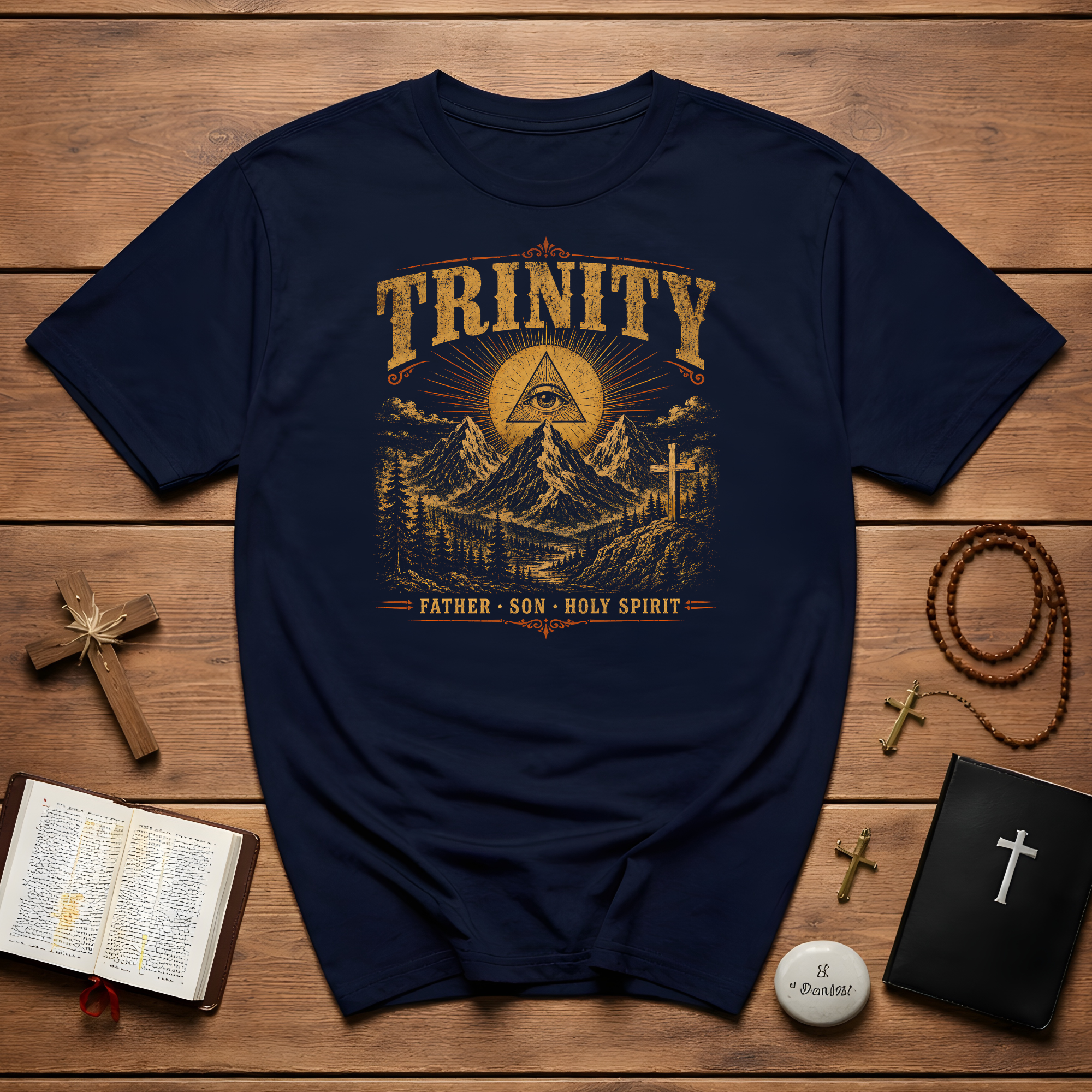 Trinity Father Son Holy Spirit All Seeing Eye Cross And Mountain Christian Faith T-Shirt