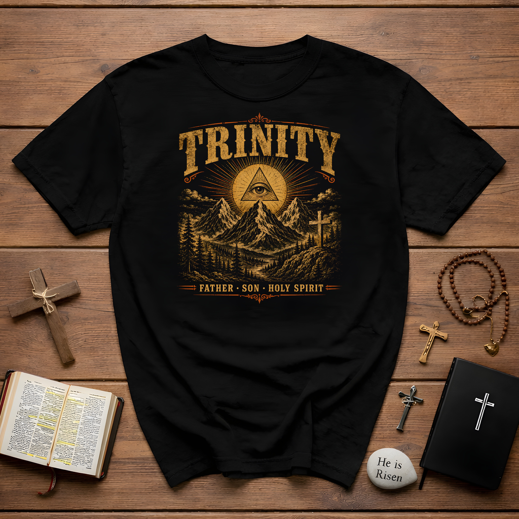 Trinity Father Son Holy Spirit All Seeing Eye Cross And Mountain Christian Faith T-Shirt