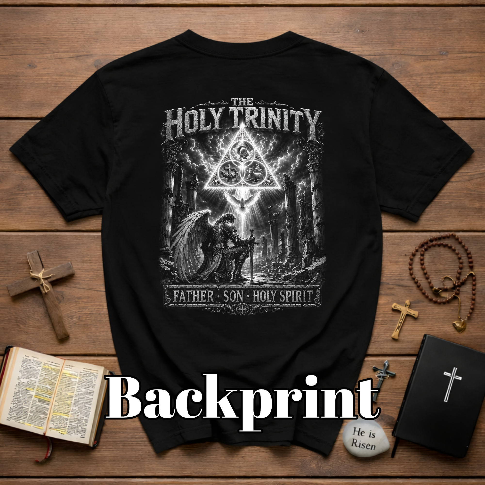 The Holy Trinity Father Son Holy Spirit Angelic Spiritual Warfare Christian Faith Artwork T-Shirt
