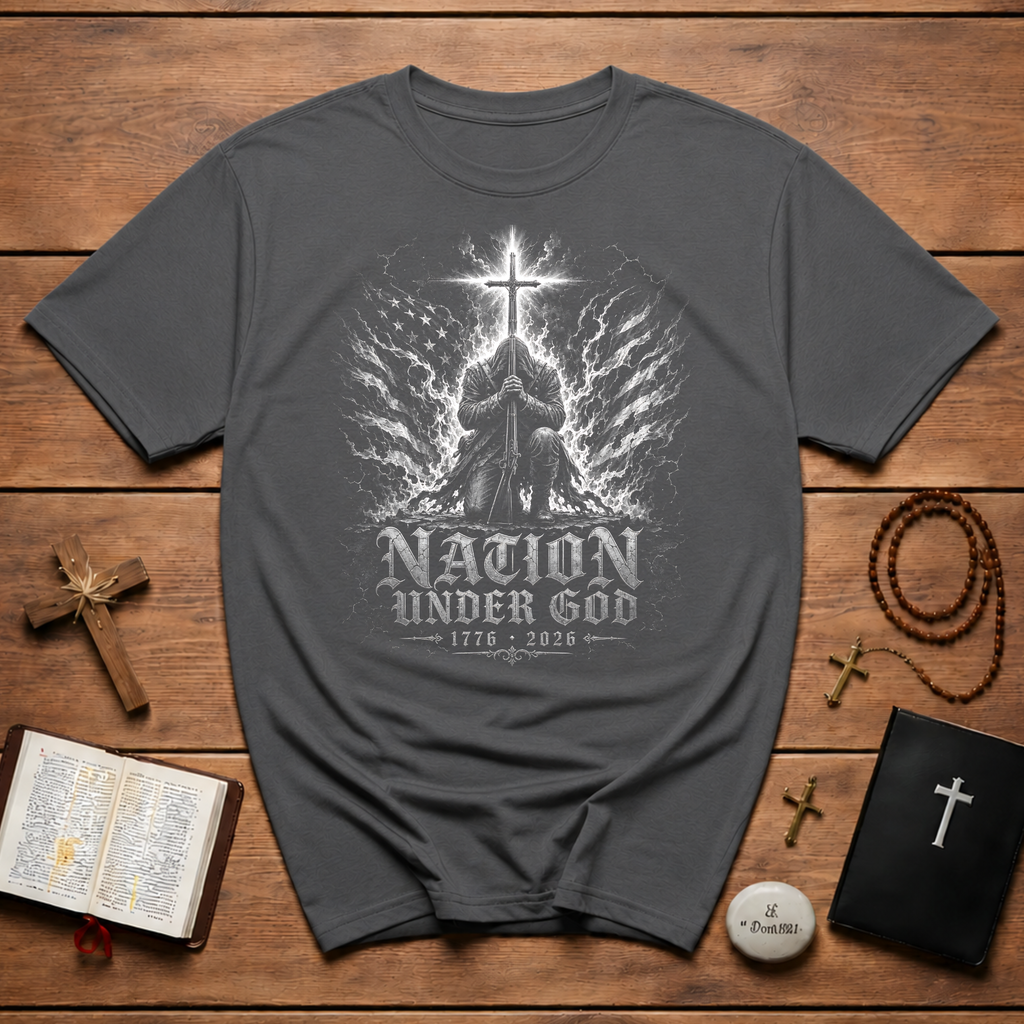 Nation Under God 1776 2026 Christian American Patriot Kneeling At Cross With USA Flag T-Shirt