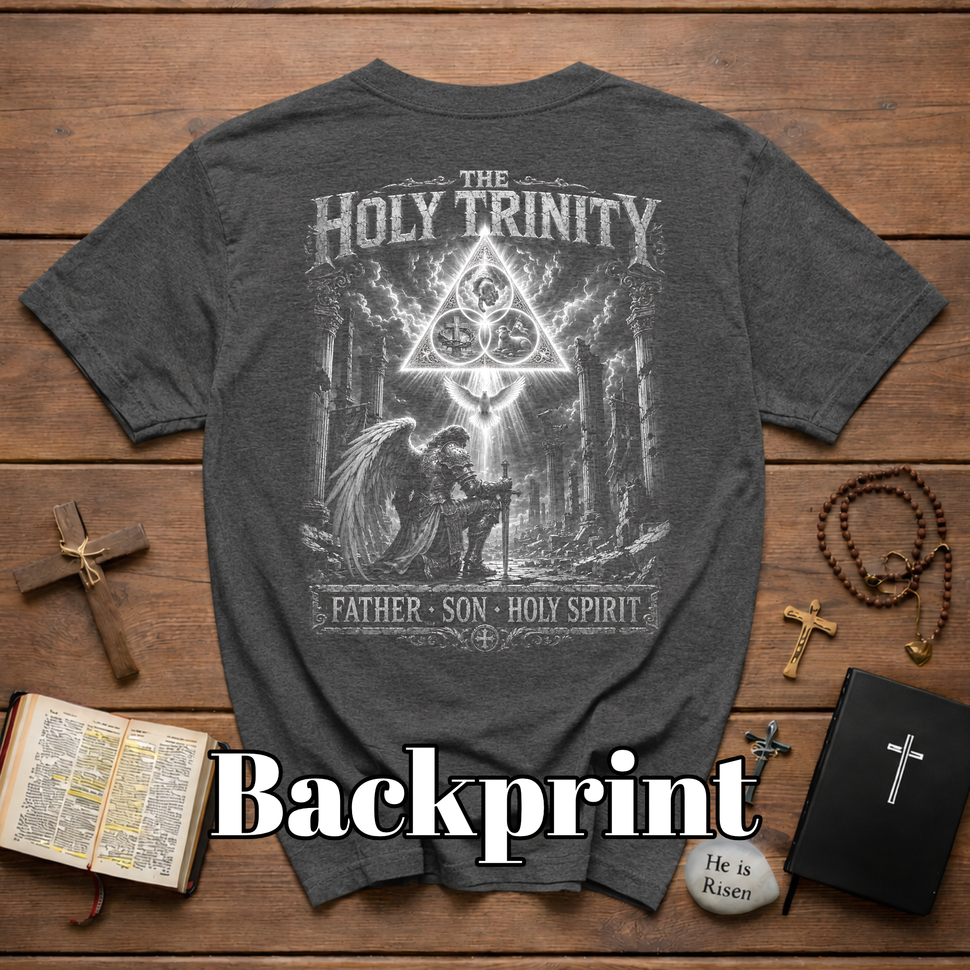 The Holy Trinity Father Son Holy Spirit Angelic Spiritual Warfare Christian Faith Artwork T-Shirt