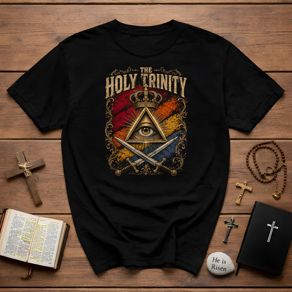 The Holy Trinity All Seeing Eye Crowned Triangle And Crossed Swords Mystic Christian Symbolism T-Shirt
