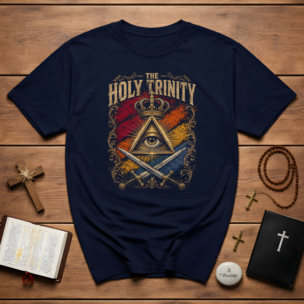 The Holy Trinity All Seeing Eye Crowned Triangle And Crossed Swords Mystic Christian Symbolism T-Shirt