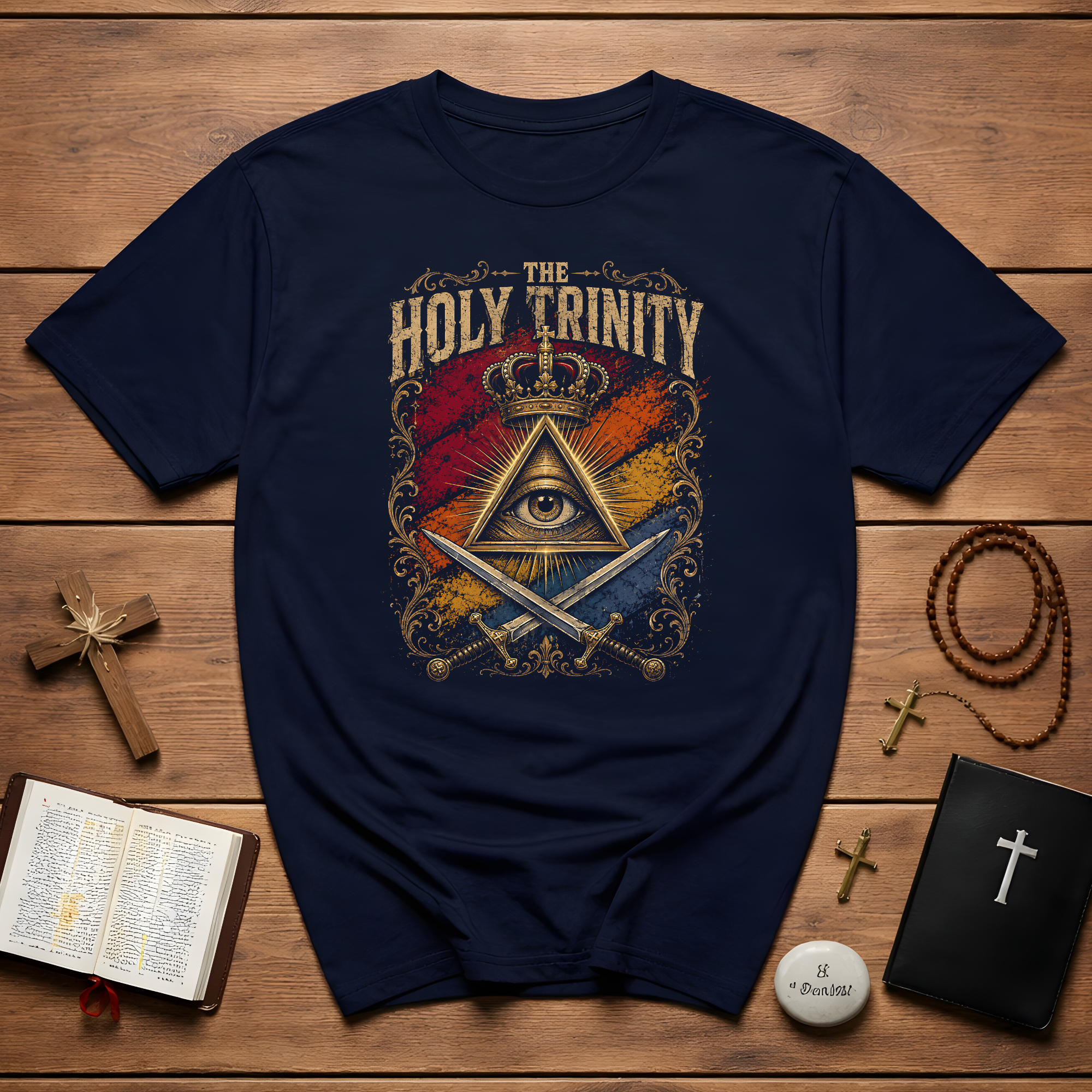 The Holy Trinity All Seeing Eye Crowned Triangle And Crossed Swords Mystic Christian Symbolism T-Shirt