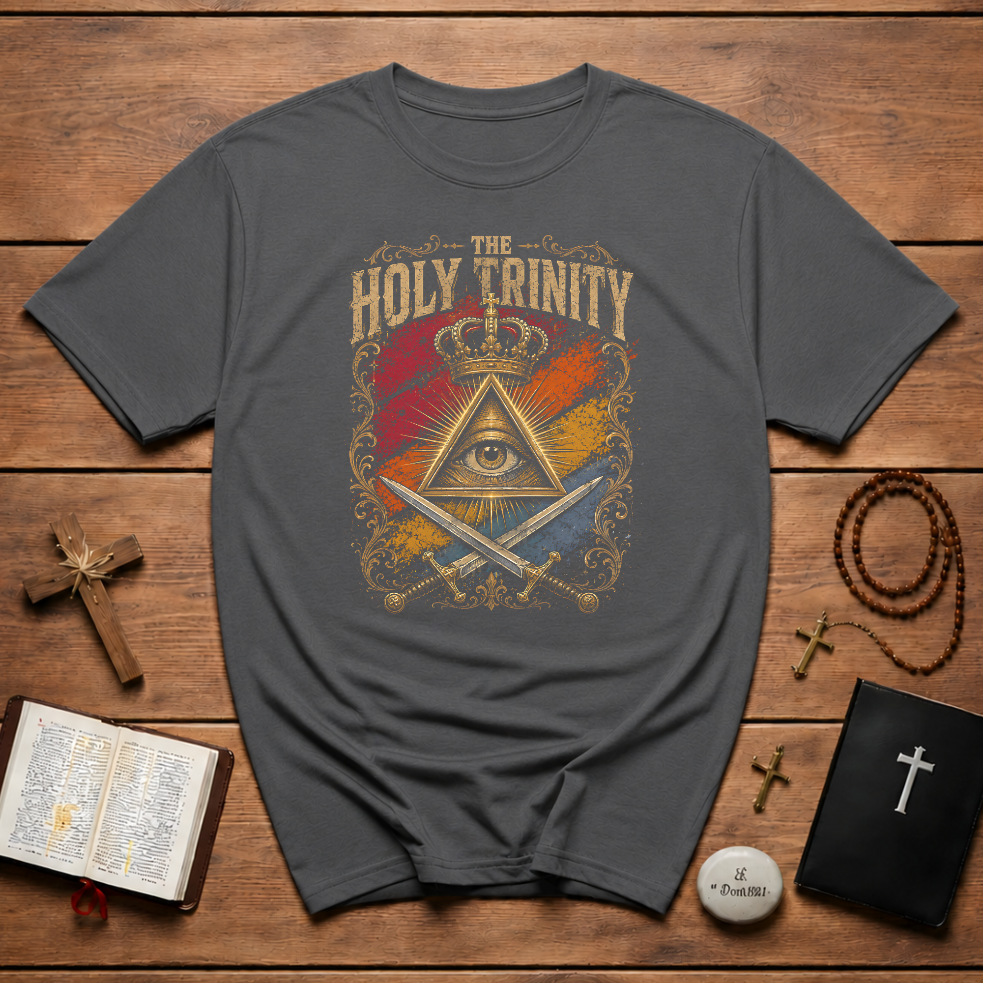 The Holy Trinity All Seeing Eye Crowned Triangle And Crossed Swords Mystic Christian Symbolism T-Shirt