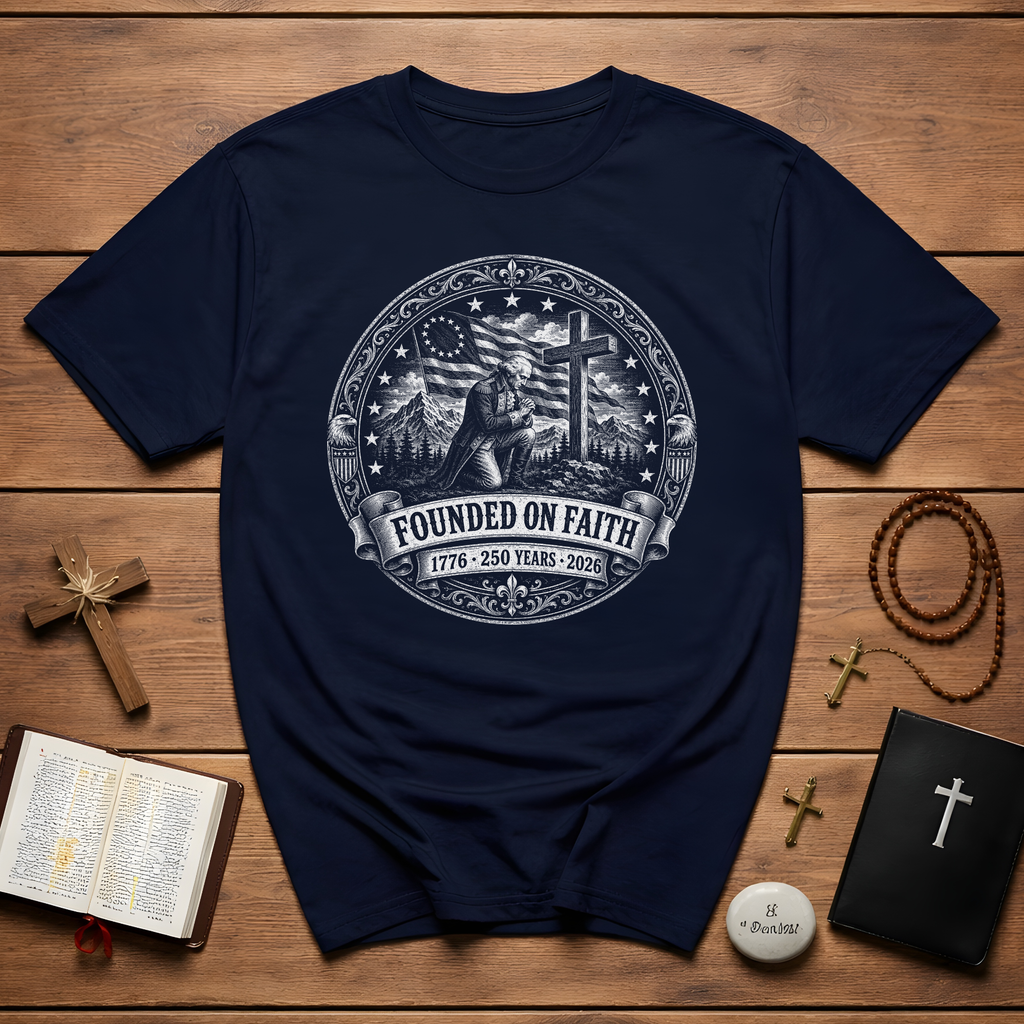 Founded On Faith 1776 250 Years 2026 Christian American Patriot Prayer Cross USA Flag