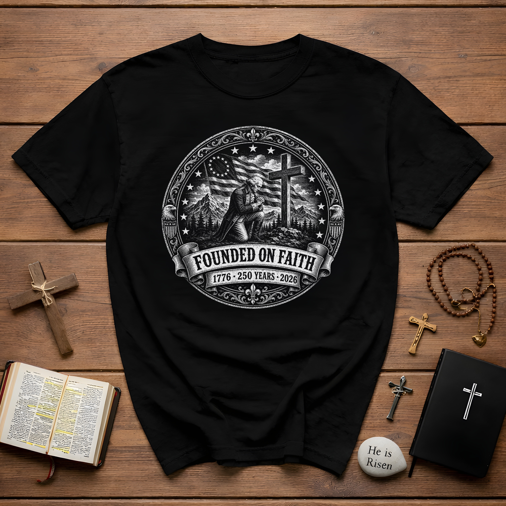 Founded On Faith 1776 250 Years 2026 Christian American Patriot Prayer Cross USA Flag