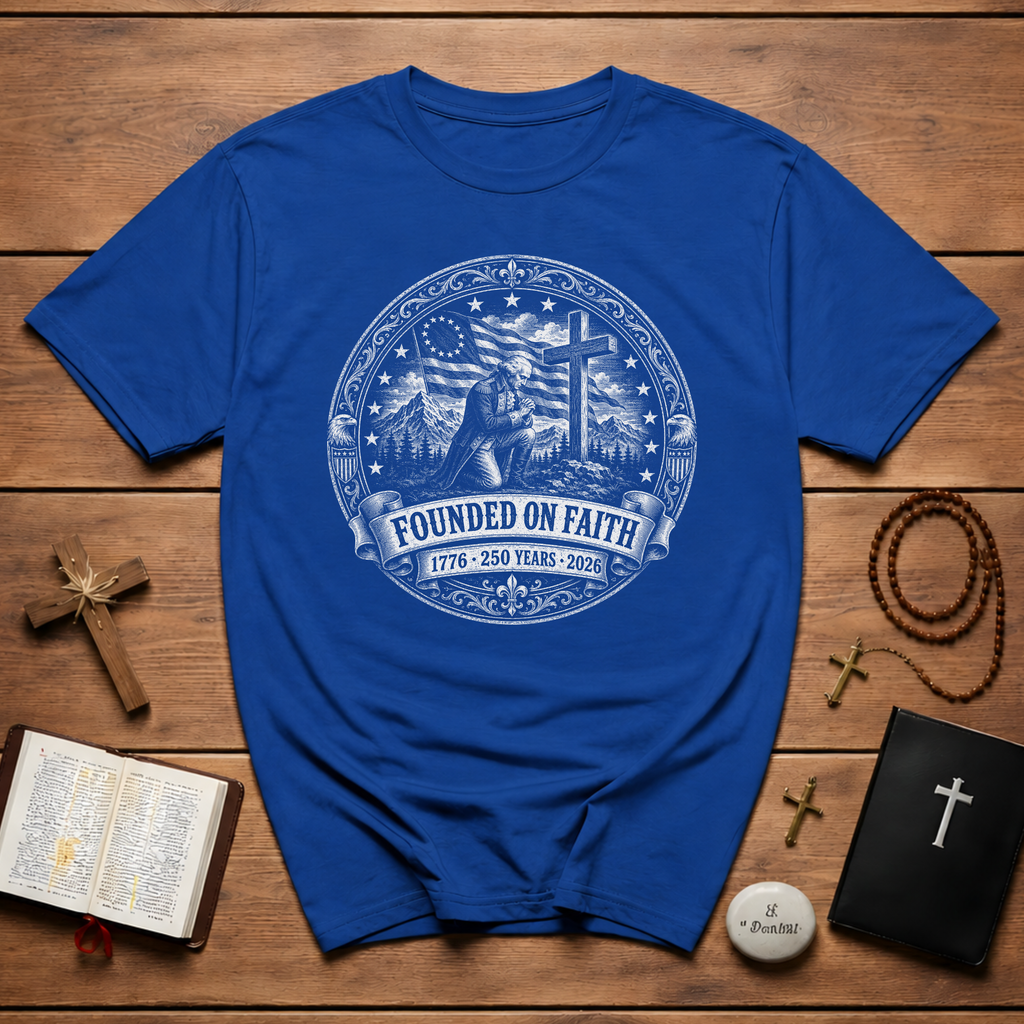 Founded On Faith 1776 250 Years 2026 Christian American Patriot Prayer Cross USA Flag